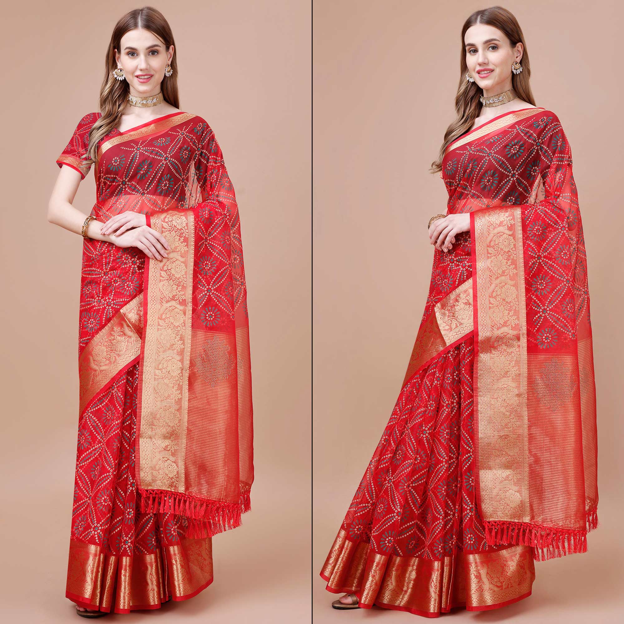 Red Bandhani Printed Organza Saree With Woven Border