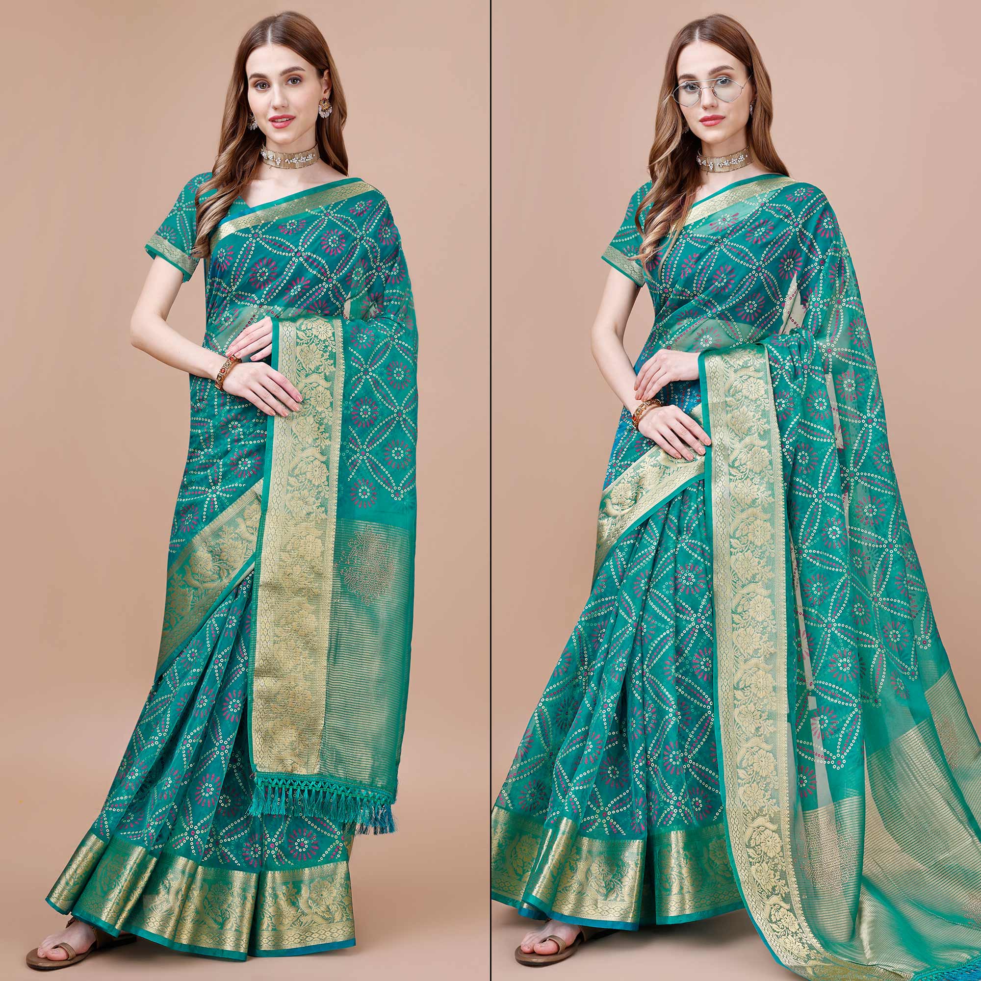 Rama Blue Bandhani Printed Organza Saree With Woven Border