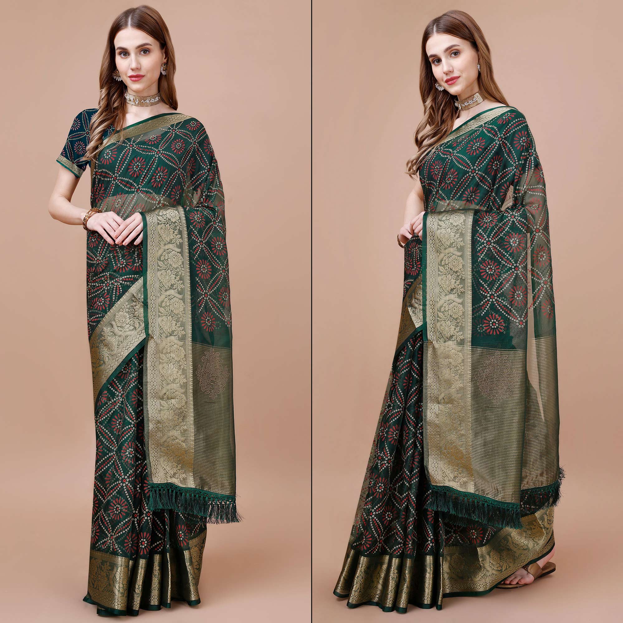 Green Bandhani Printed Organza Saree With Woven Border