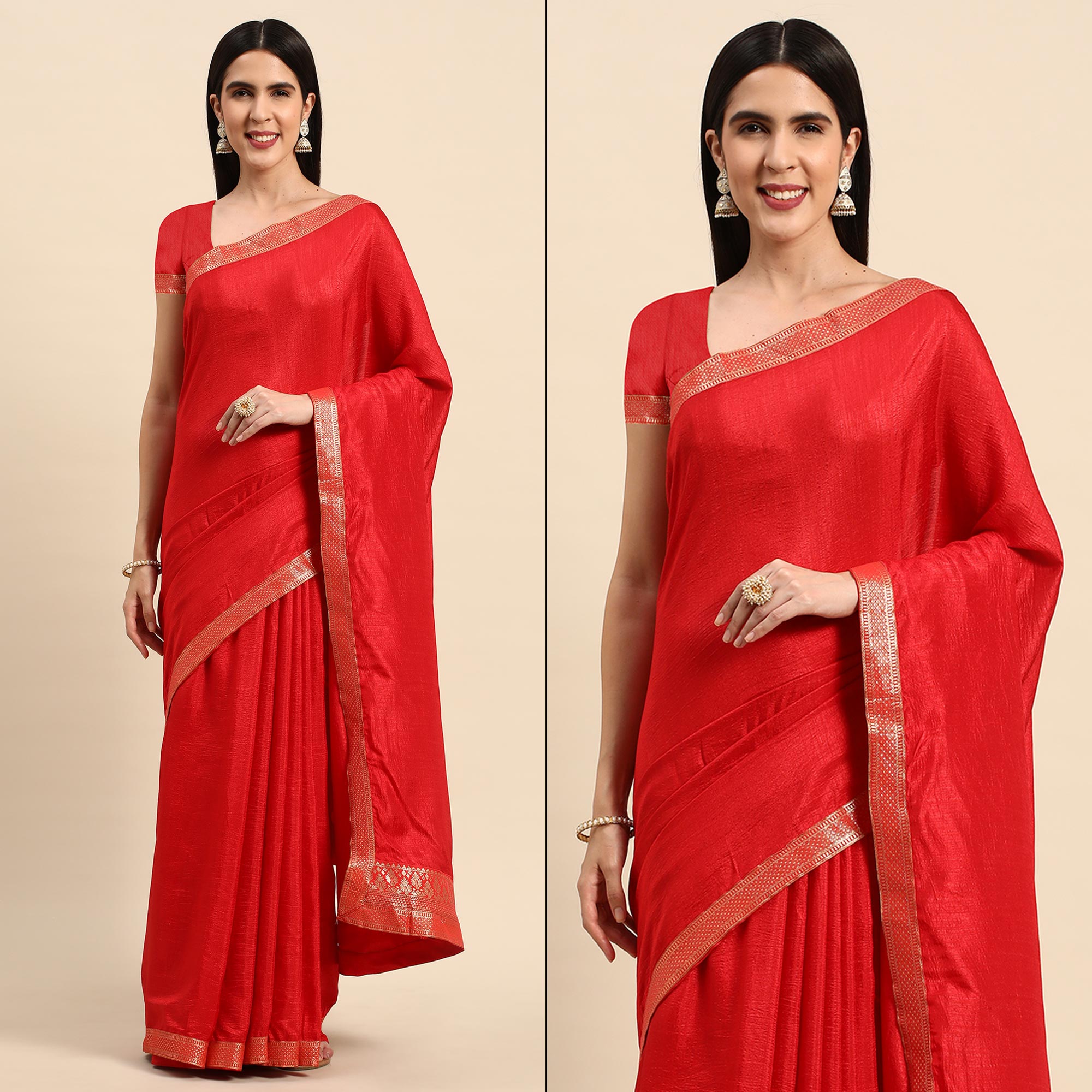 Red Solid Vichitra Silk Saree With Fancy Zari Border