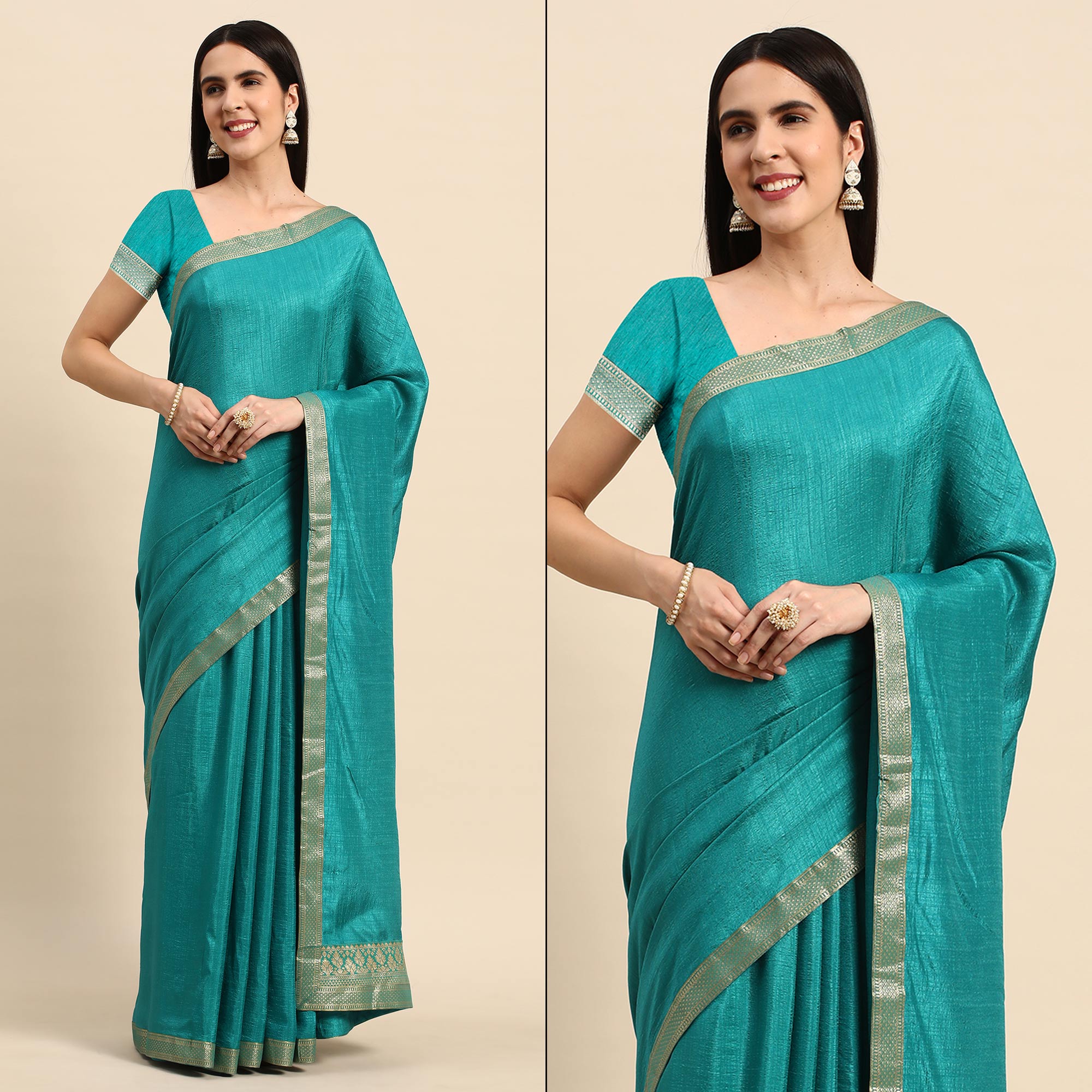 Rama Blue Solid Vichitra Silk Saree With Fancy Zari Border