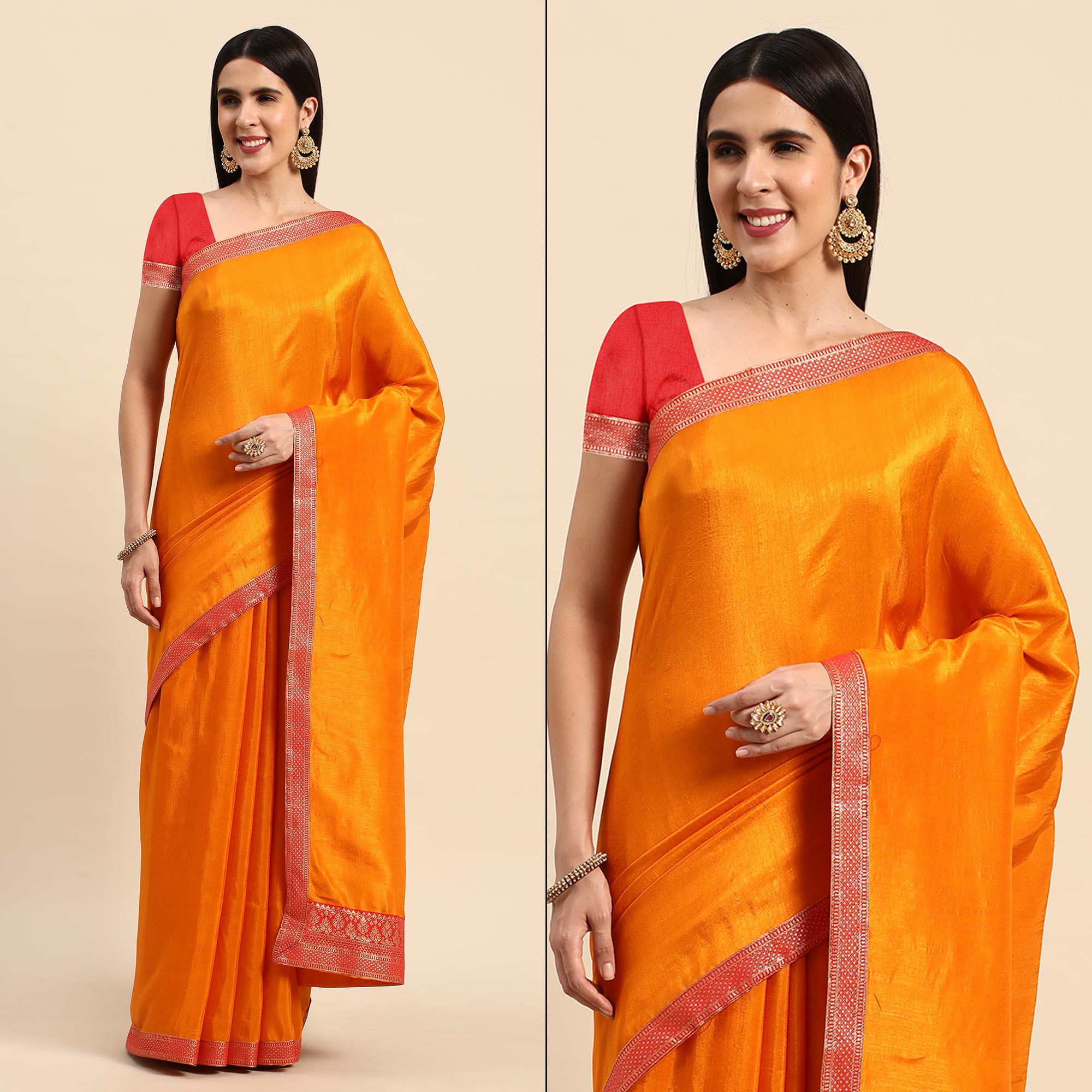 Mustard Solid Vichitra Silk Saree With Fancy Zari Border