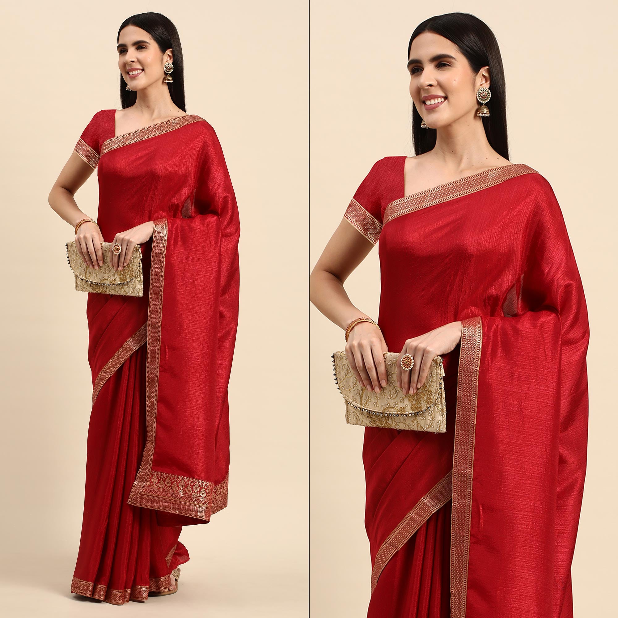 Maroon Solid Vichitra Silk Saree With Fancy Zari Border