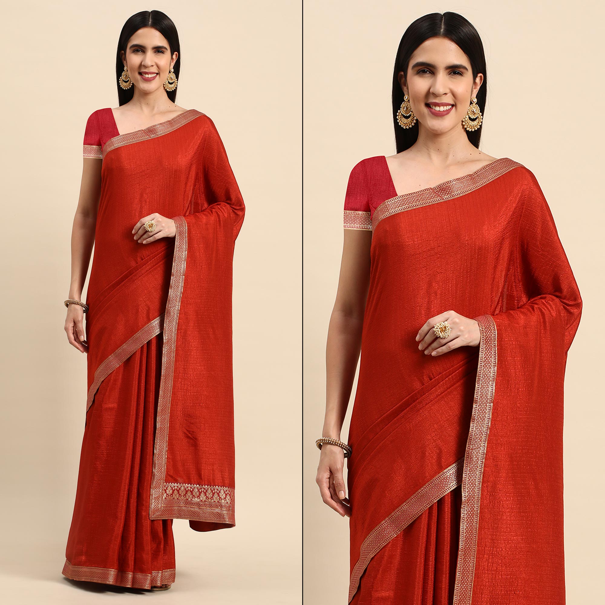 Rust Solid Vichitra Silk Saree With Fancy Zari Border