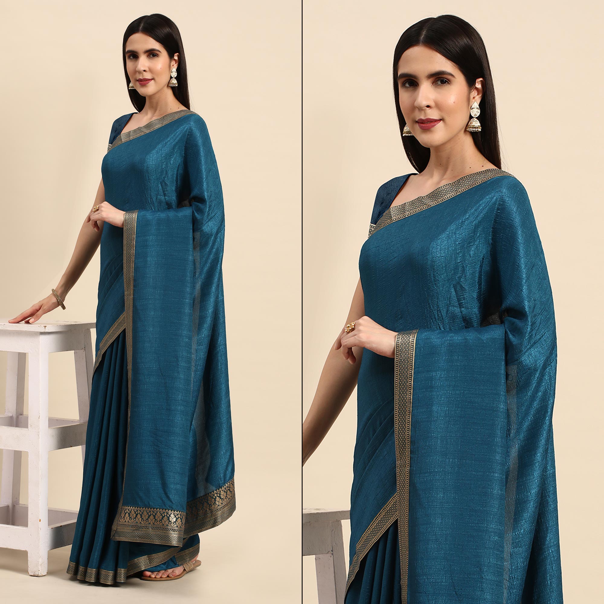 Blue Solid Vichitra Silk Saree With Fancy Zari Border