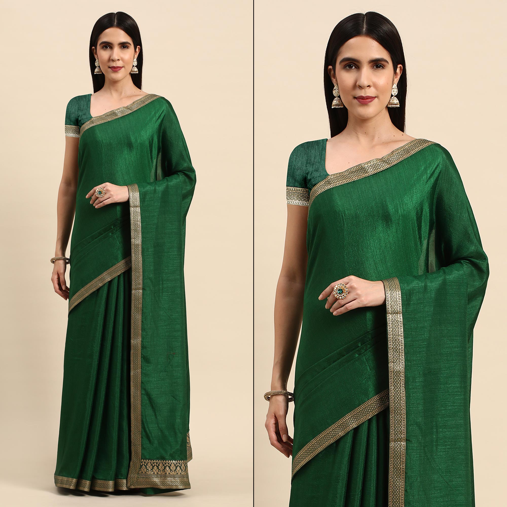 Green Solid Vichitra Silk Saree With Fancy Zari Border