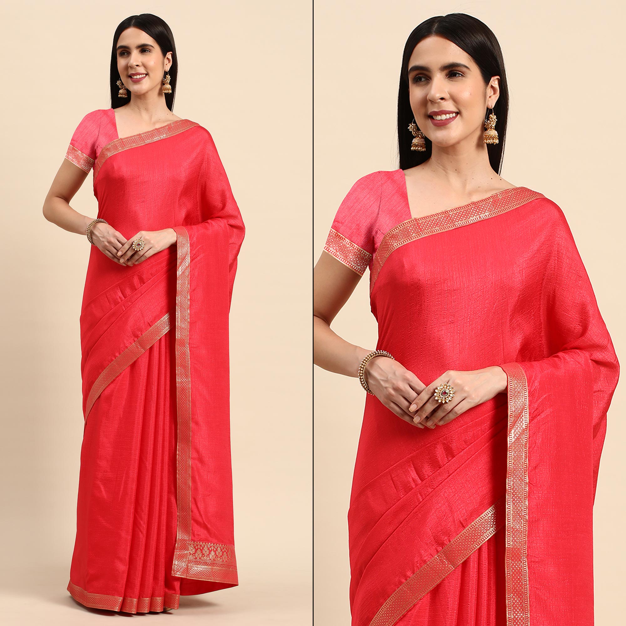 Pink Solid Vichitra Silk Saree With Fancy Zari Border