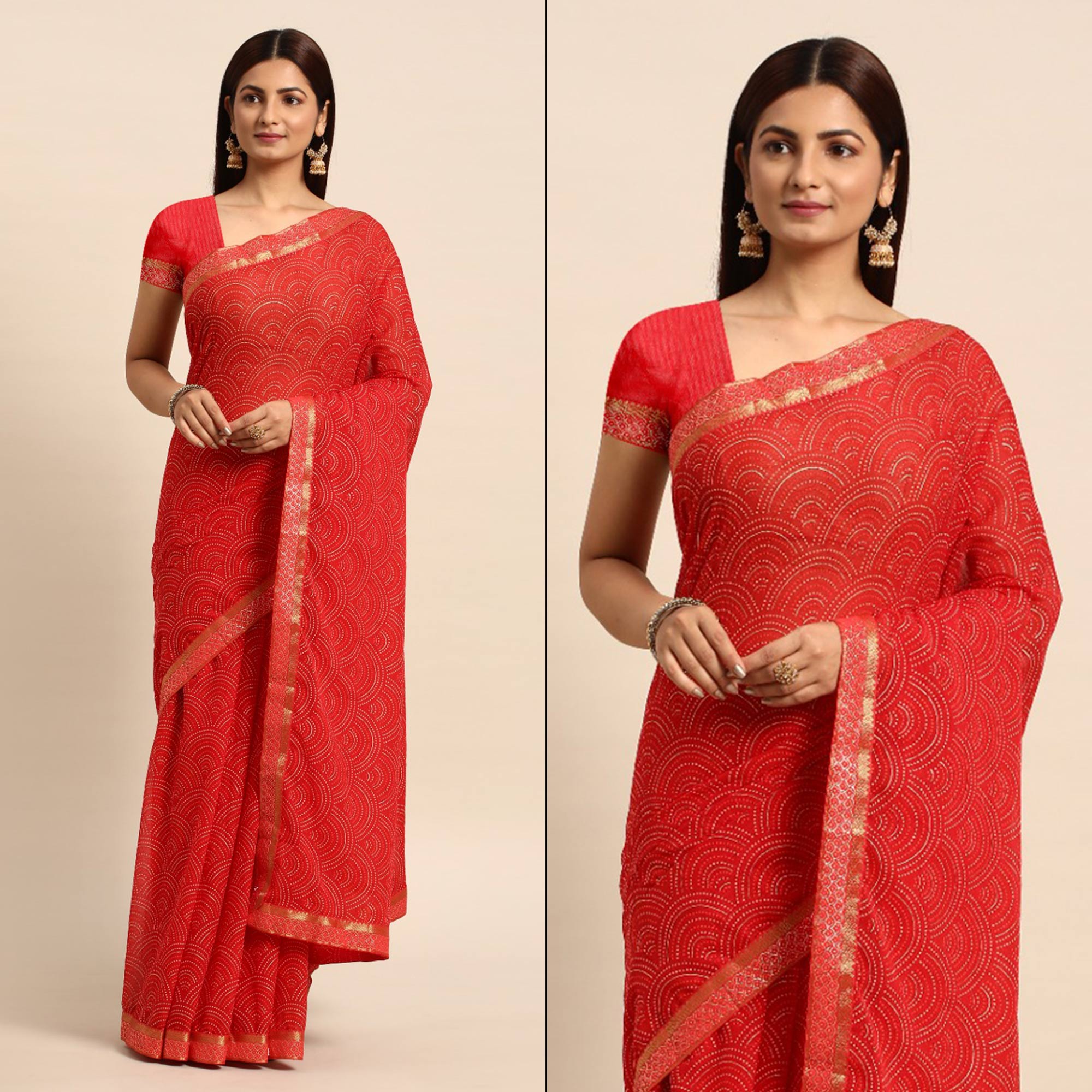 Red Foil Printed Chiffon Saree With Tassels