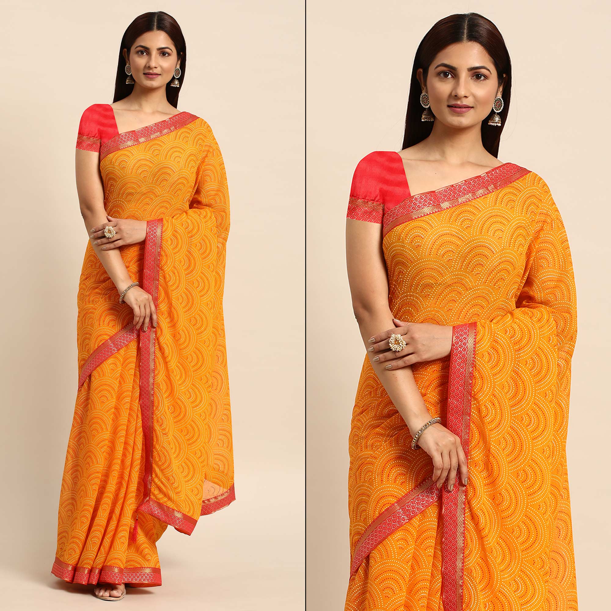 Yellow Foil Printed Chiffon Saree With Tassels