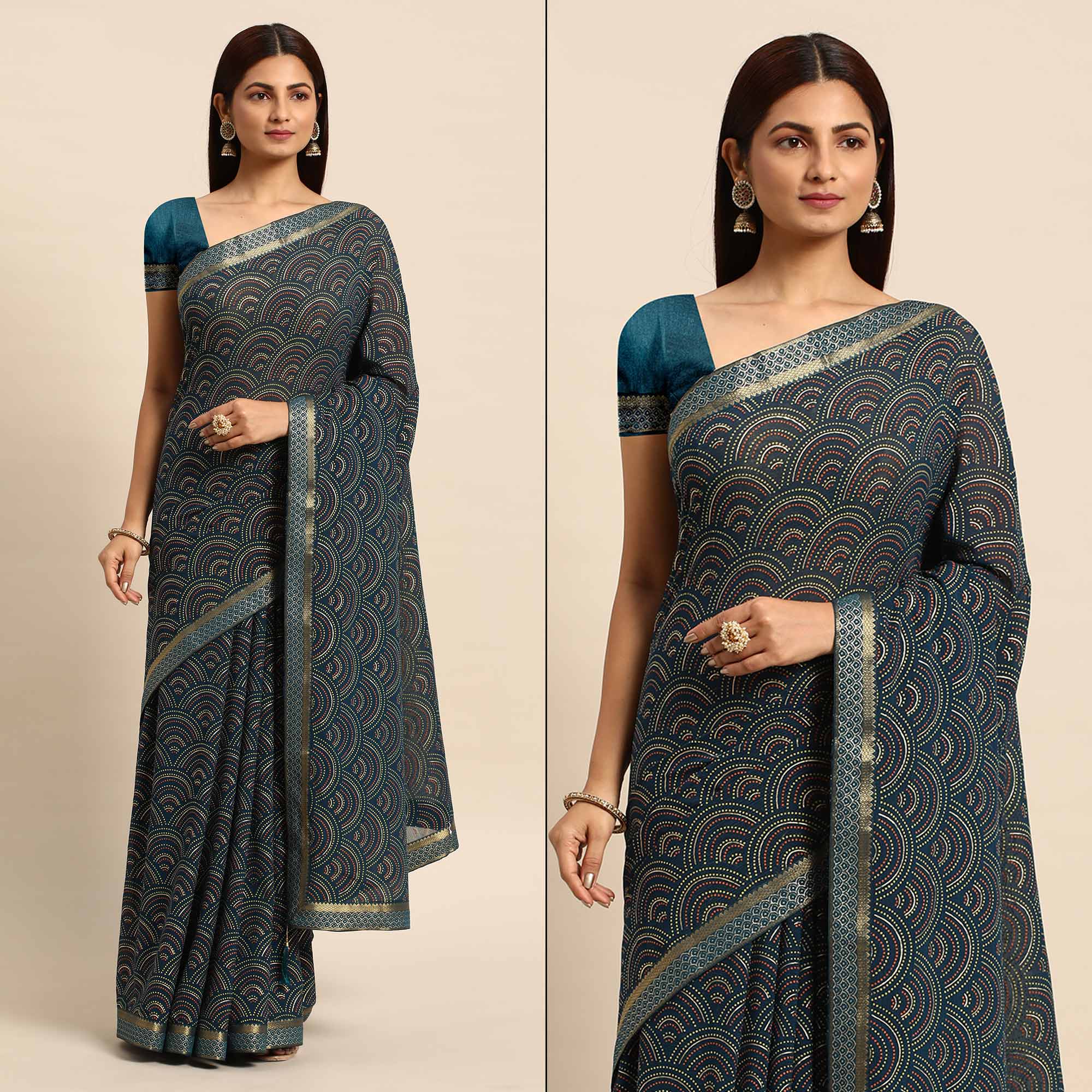 Teal Blue Foil Printed Chiffon Saree With Tassels