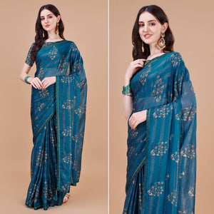 Blue Foil Printed Chiffon Saree With Lace Border