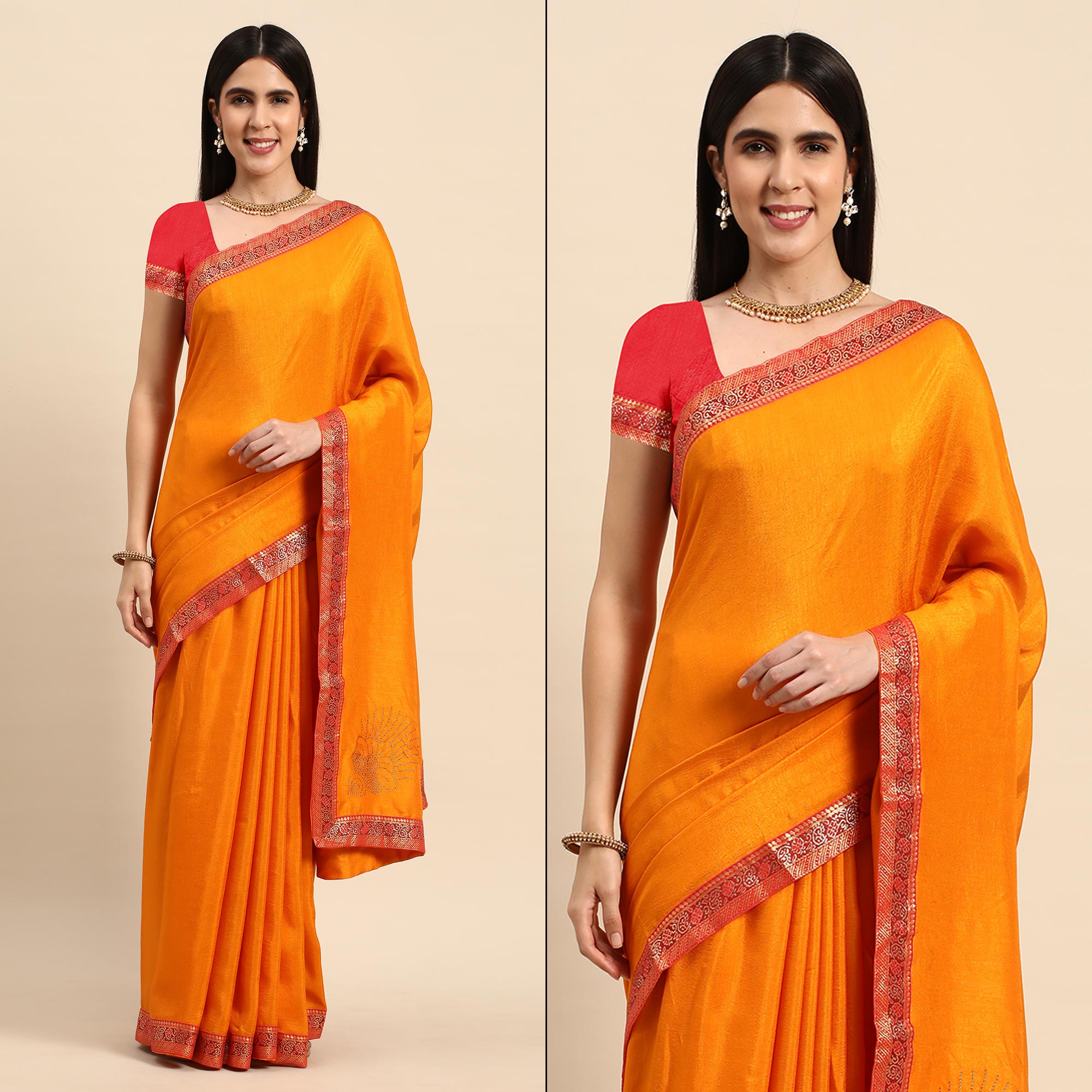 Mustard Swarovski Work Vichitra Silk Saree With Fancy Border