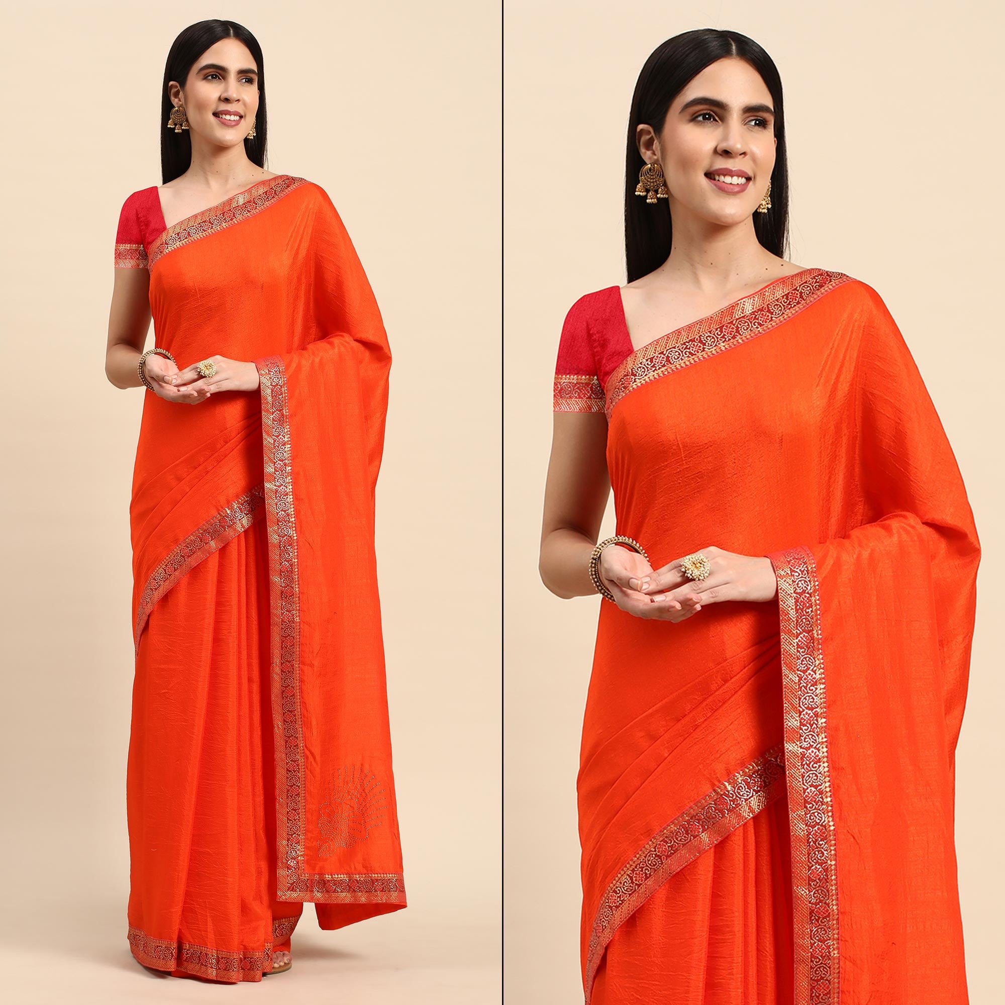 Orange Swarovski Work Vichitra Silk Saree With Fancy Border