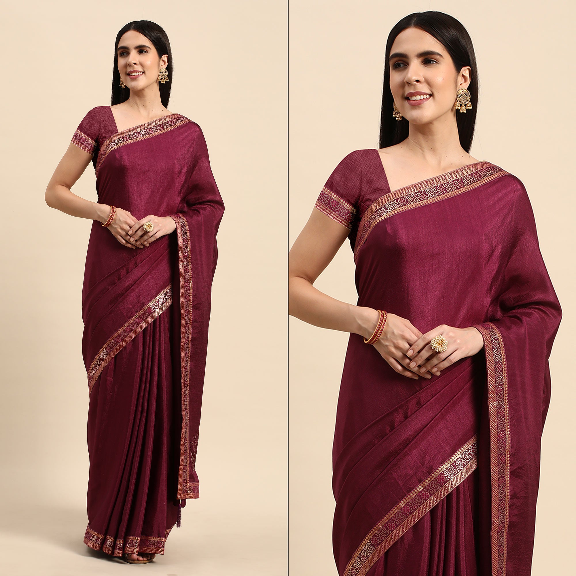 Wine Swarovski Work Vichitra Silk Saree With Fancy Border