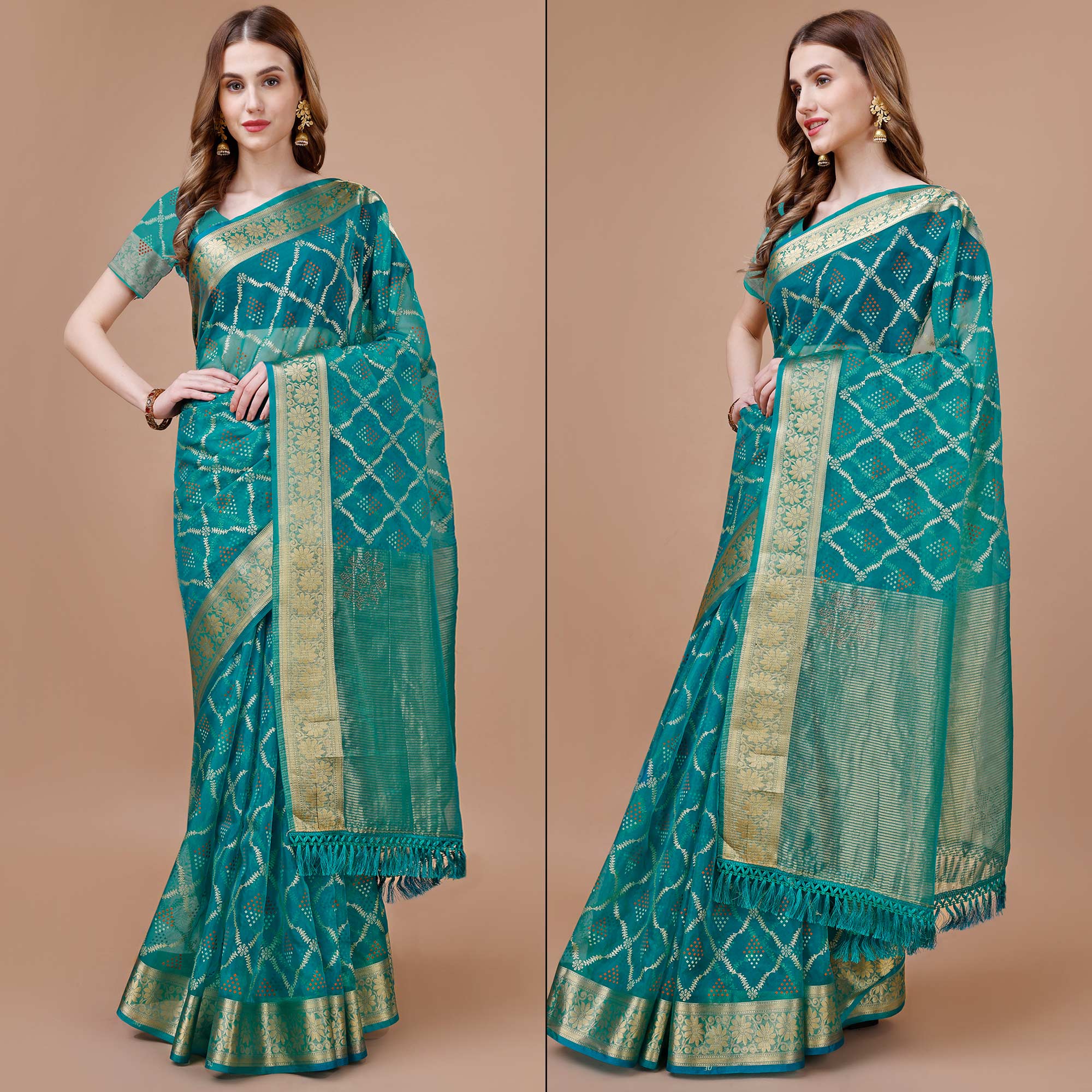 Rama Blue Bandhani Printed Organza Saree With Woven Border