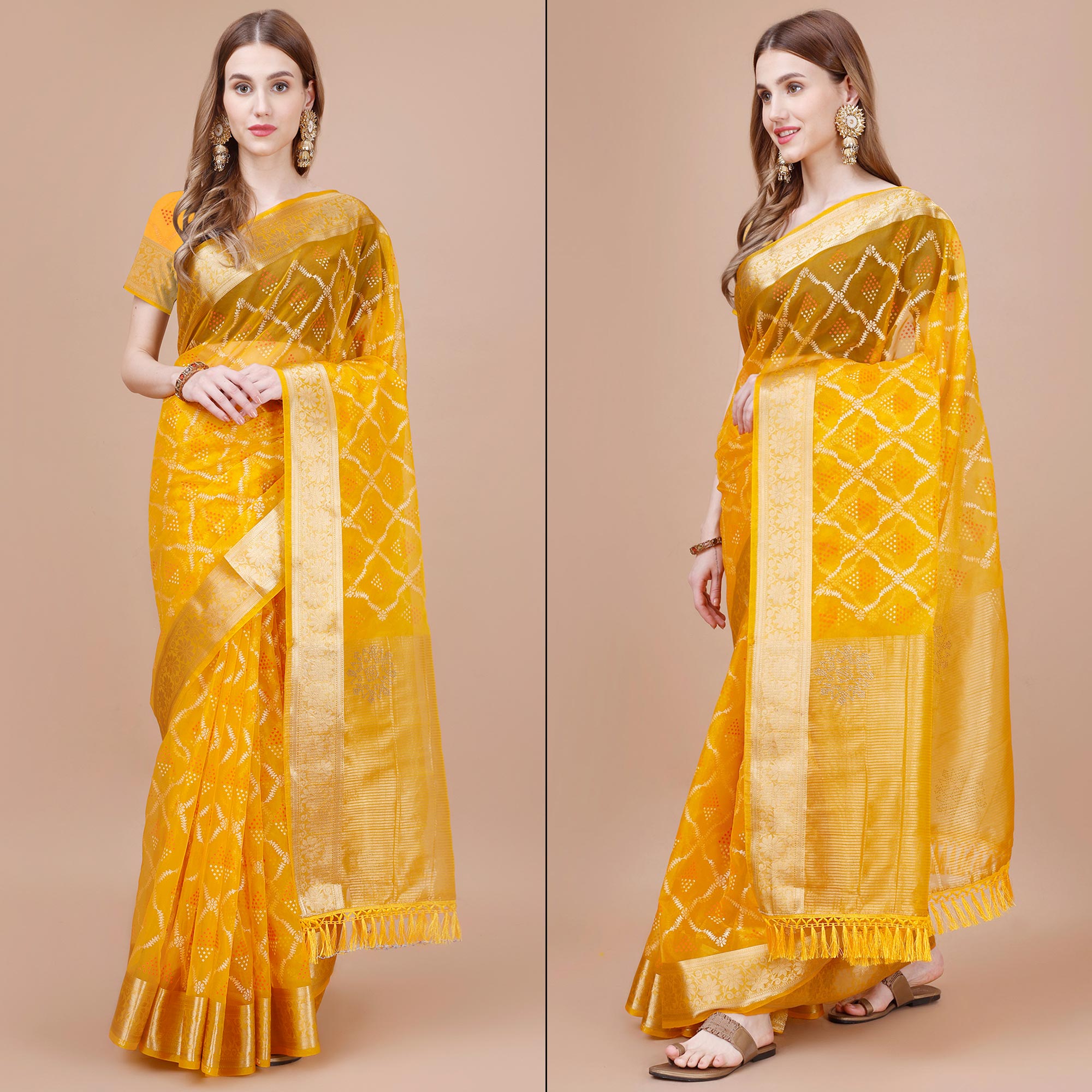 Yellow Bandhani Printed Organza Saree With Woven Border