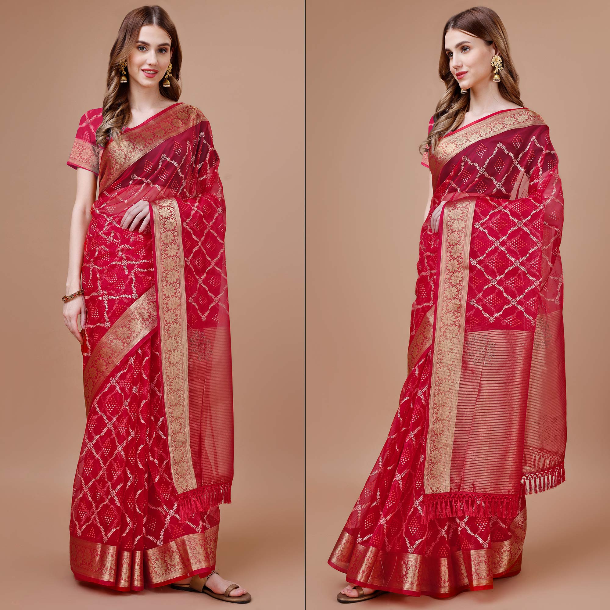 Rani Pink Bandhani Printed Organza Saree With Woven Border