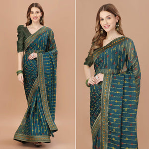 Blue Foil Printed Chiffon Saree With Lace Border