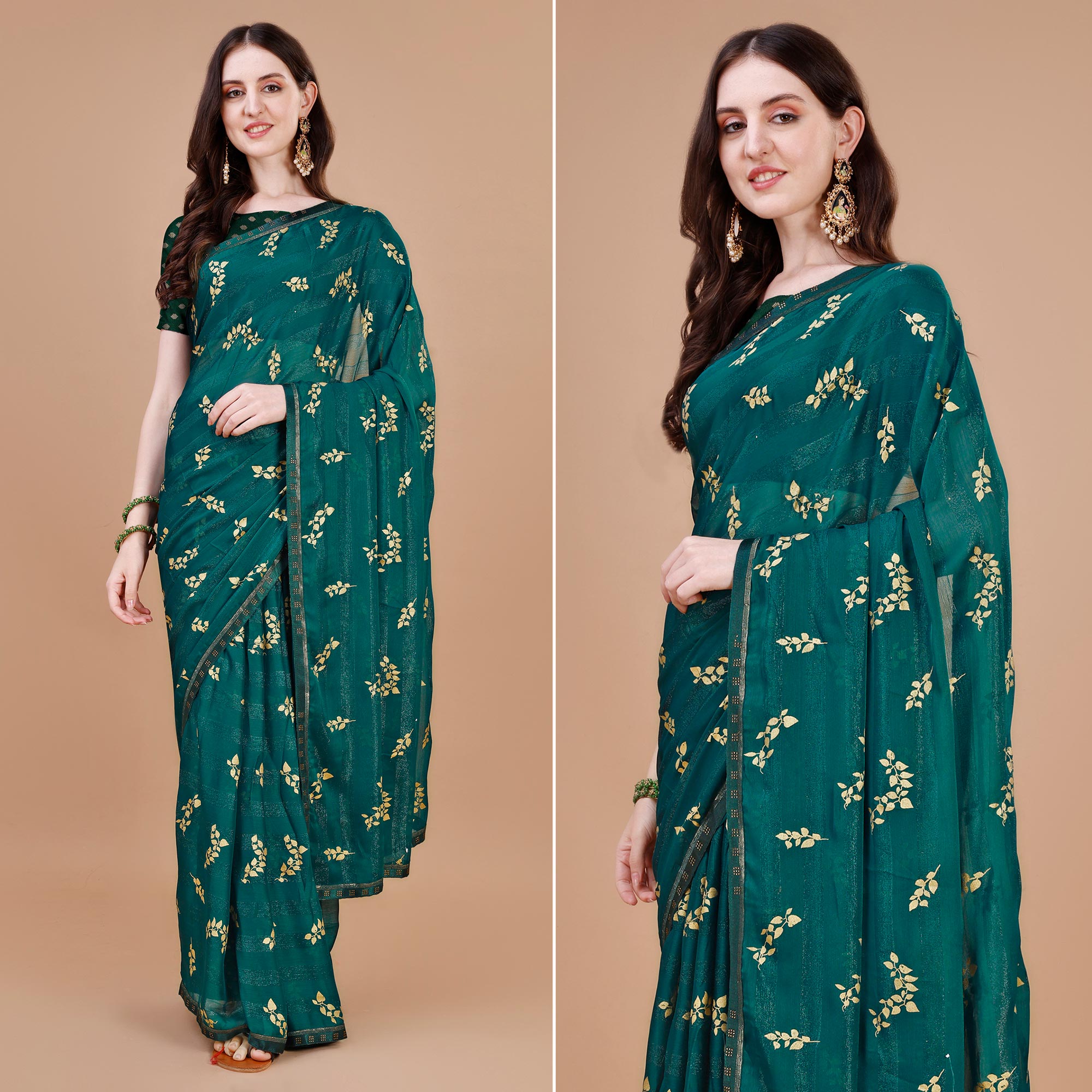 Green Foil Printed Chiffon Saree With Lace Border
