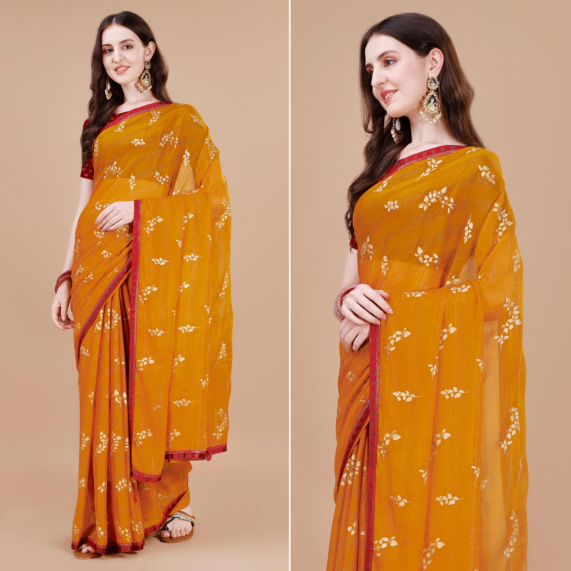 Mustard Foil Printed Chiffon Saree With Lace Border