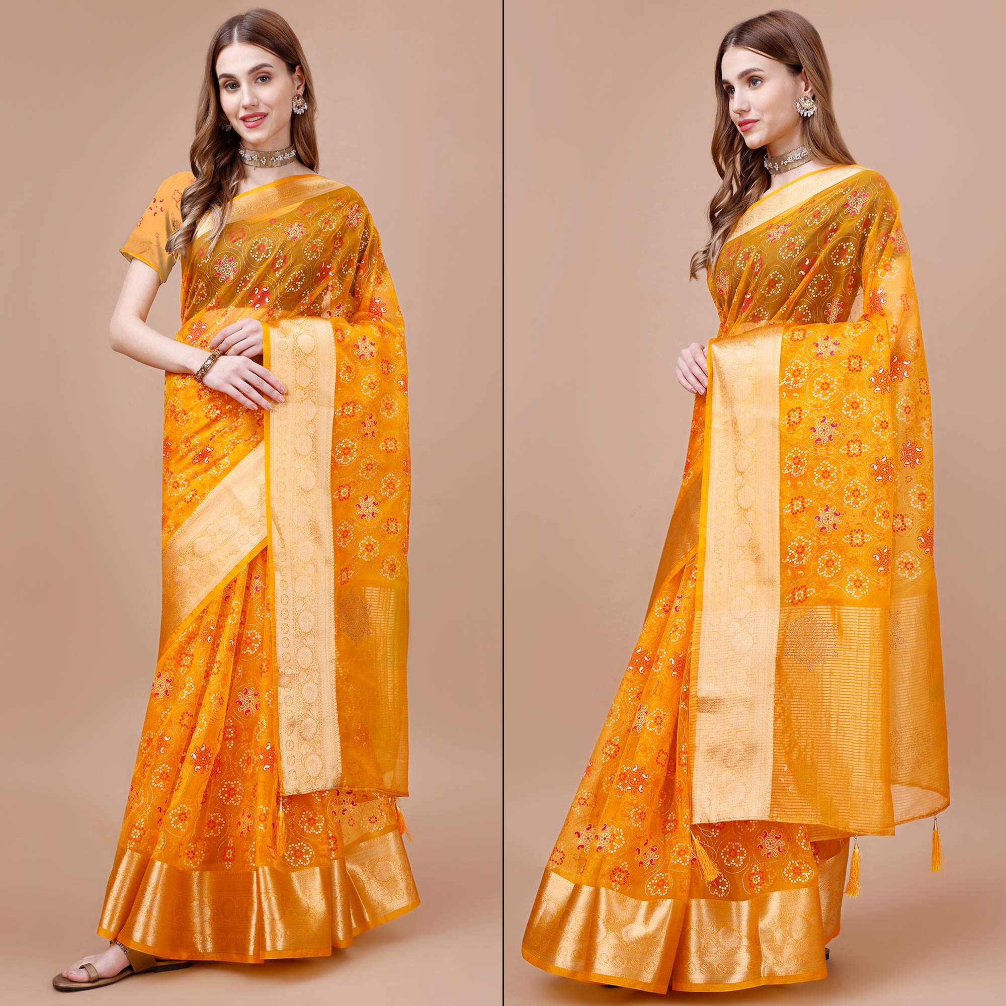 Yellow Bandhani Printed Organza Saree With Woven Border