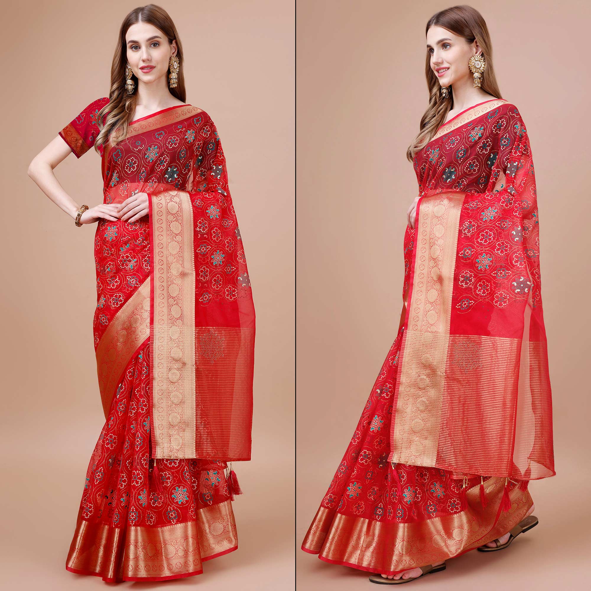 Red Bandhani Printed Organza Saree With Woven Border