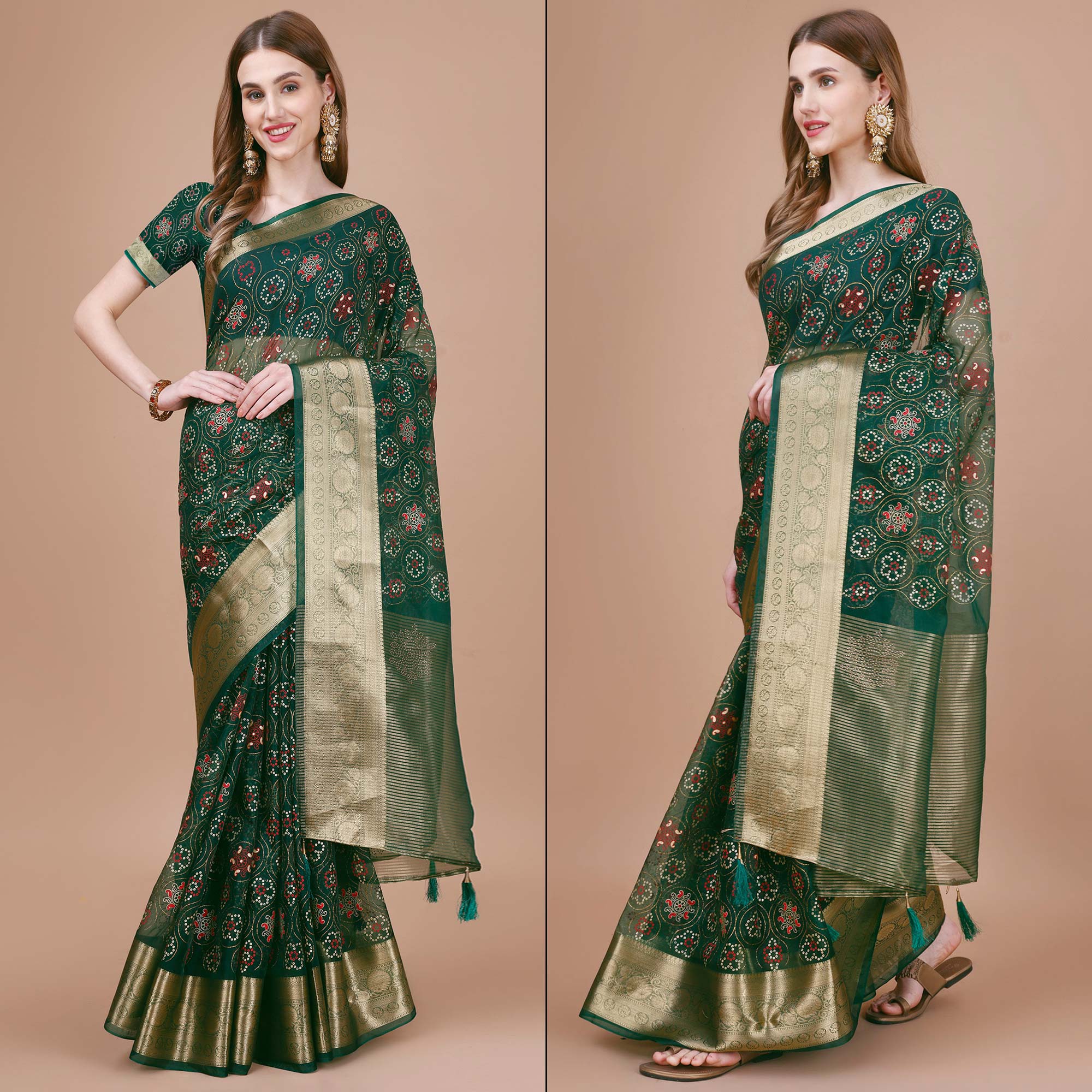 Green Bandhani Printed Organza Saree With Woven Border