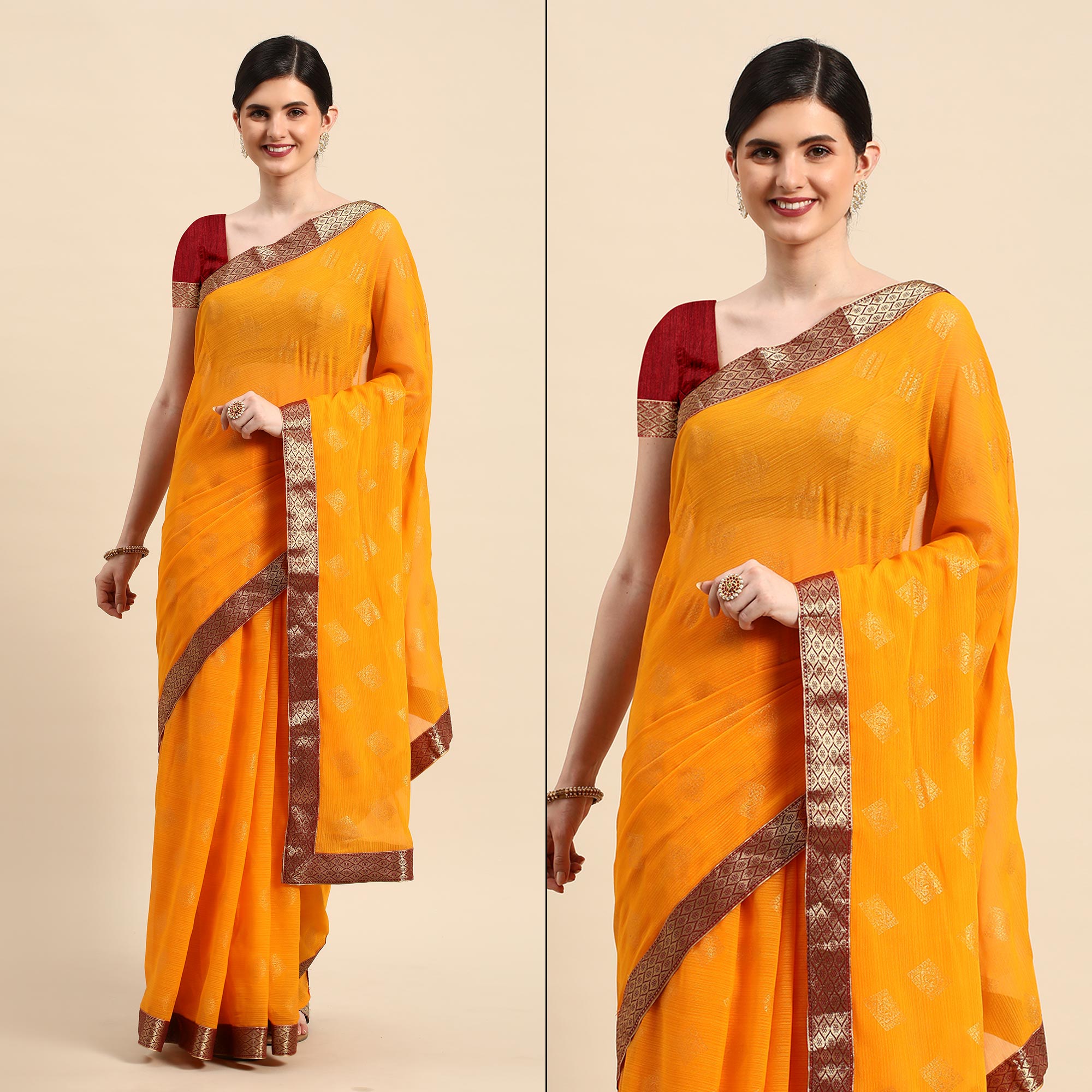 Yellow Foil Printed Chiffon Saree With Tassels