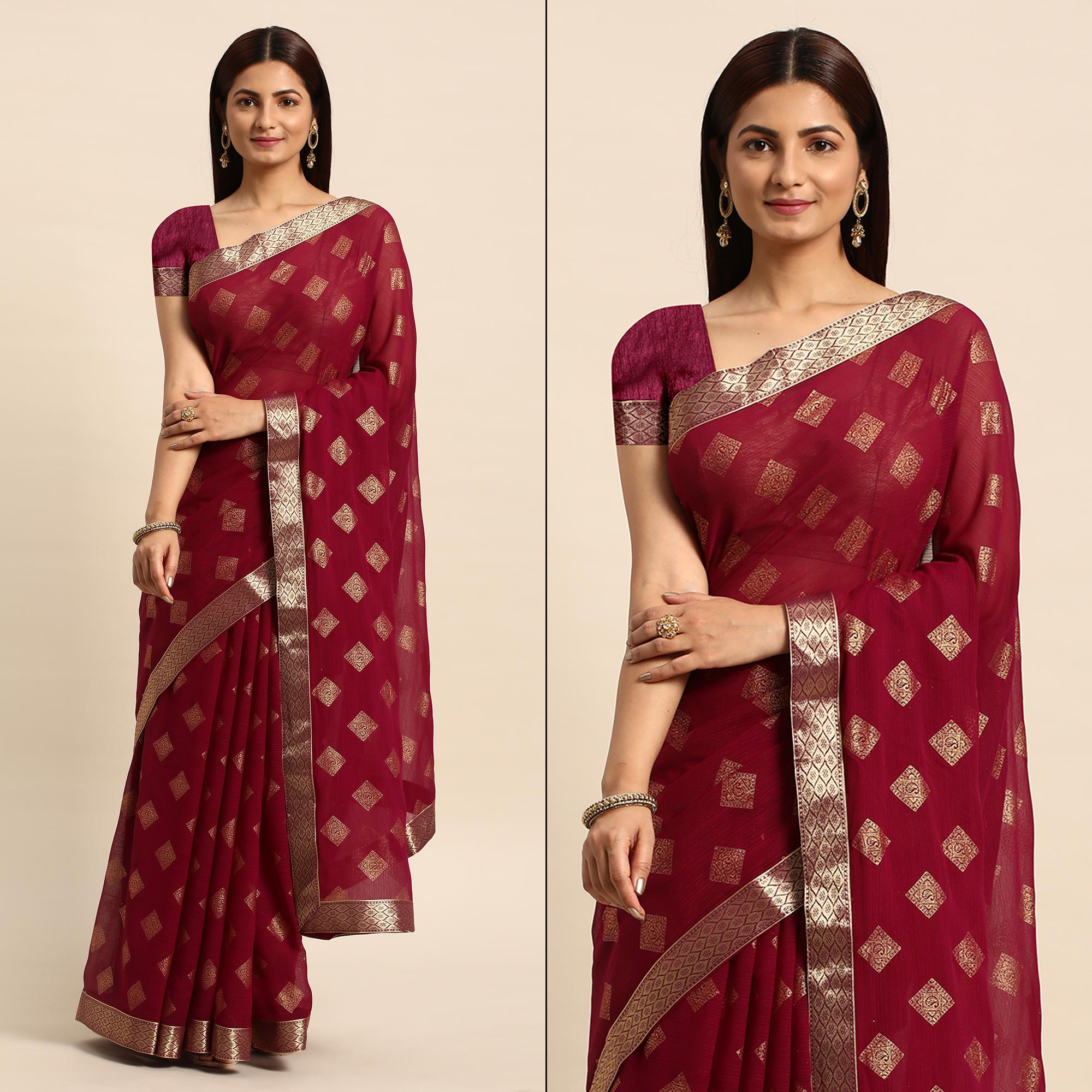 Wine Foil Printed Chiffon Saree With Tassels