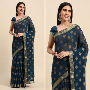 Blue Foil Printed Chiffon Saree With Tassels