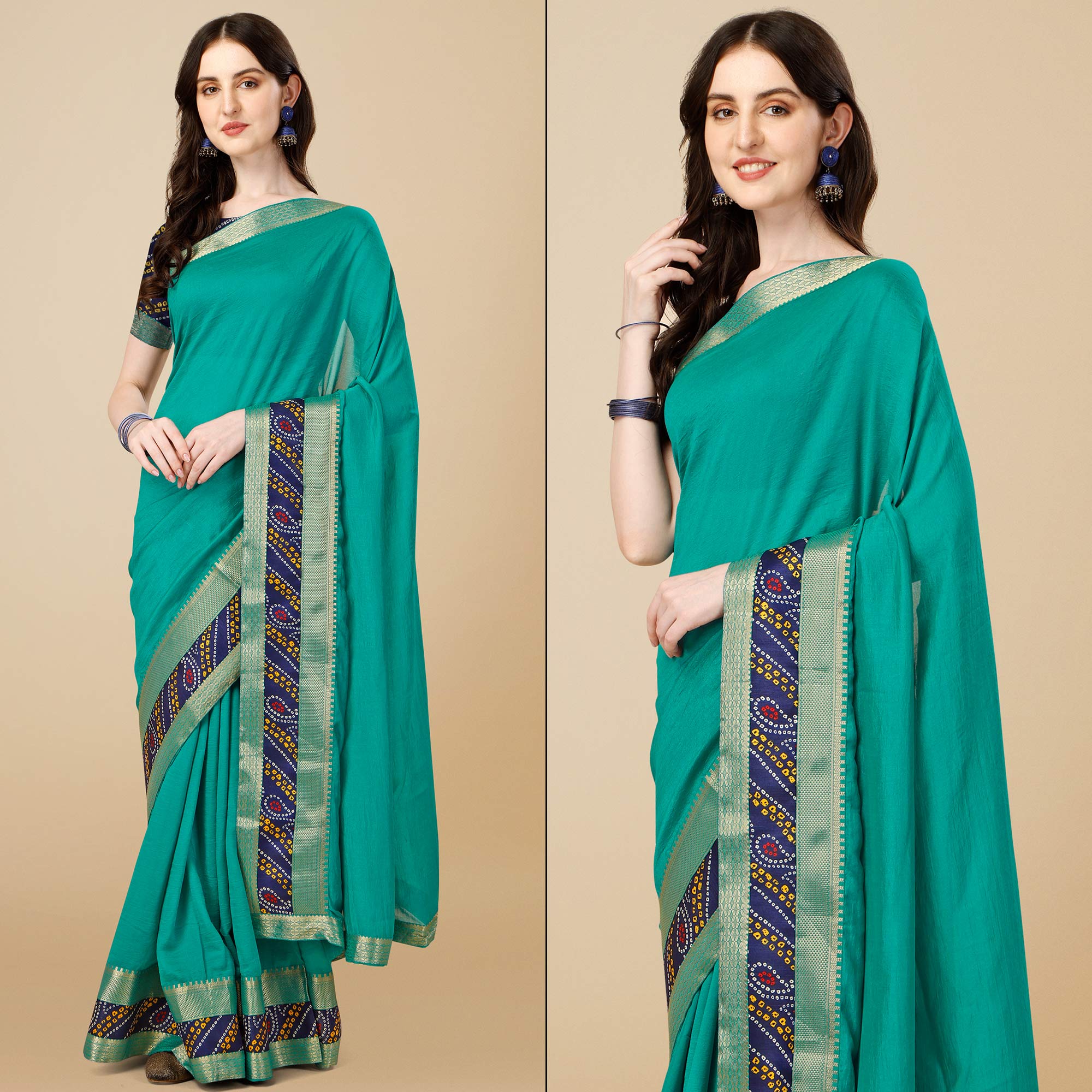 Turquoise Solid Vichitra Silk Saree