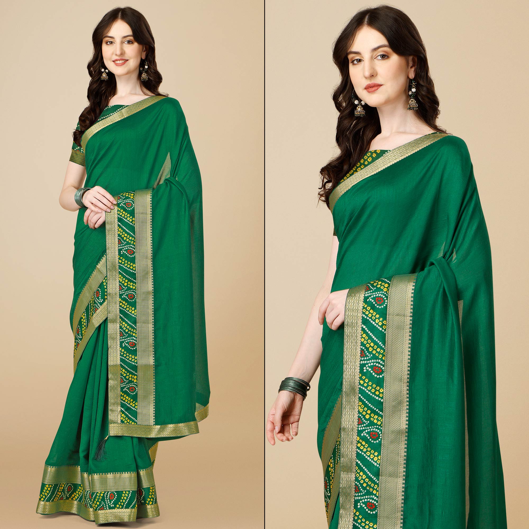 Green Solid Vichitra Silk Saree