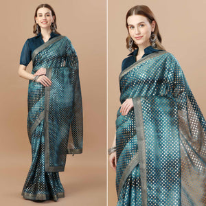 Blue Foil Printed Lycra Saree With Lace Border