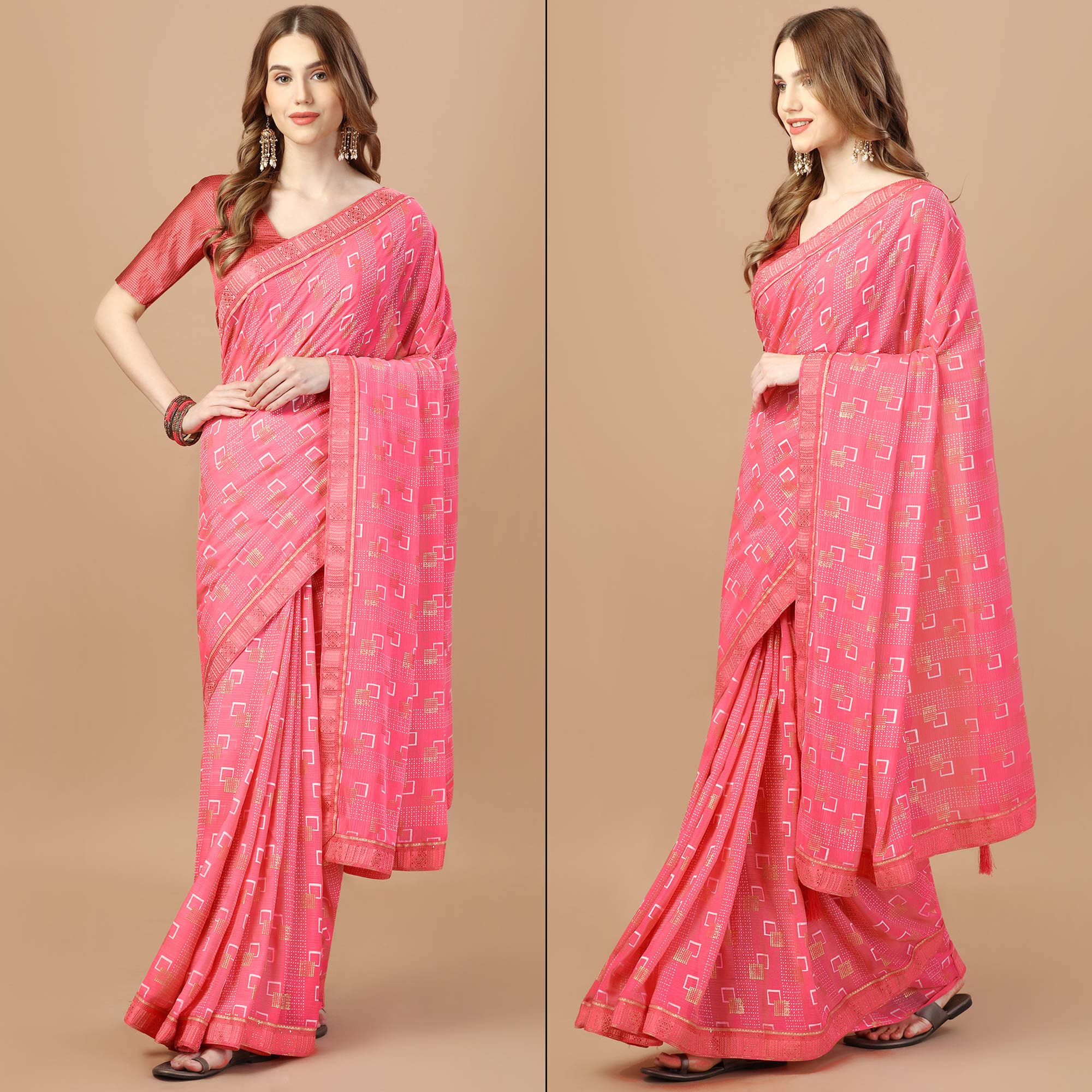 Baby Pink Foil Printed Chiffon Saree With Lace Border