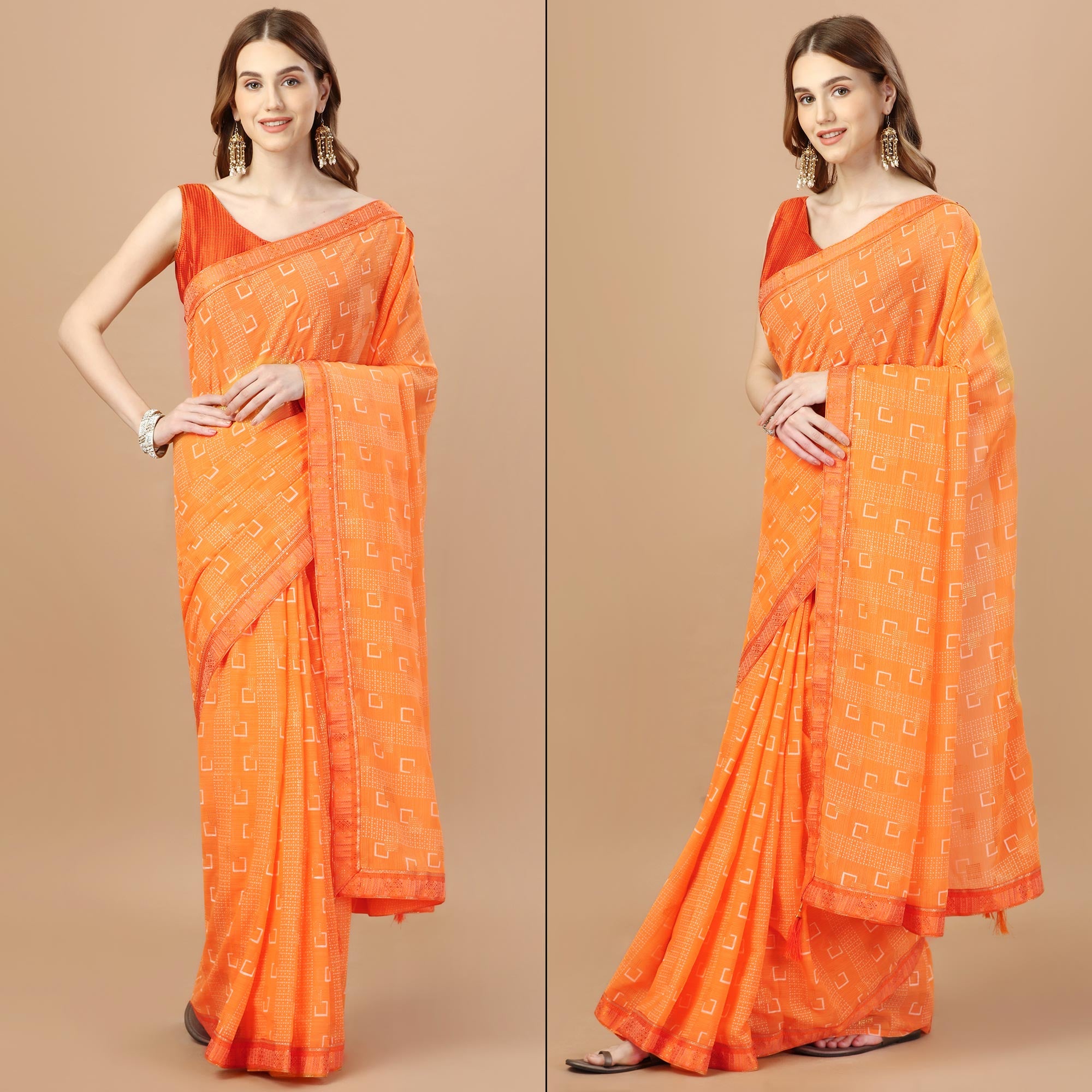 Orange Foil Printed Chiffon Saree With Lace Border