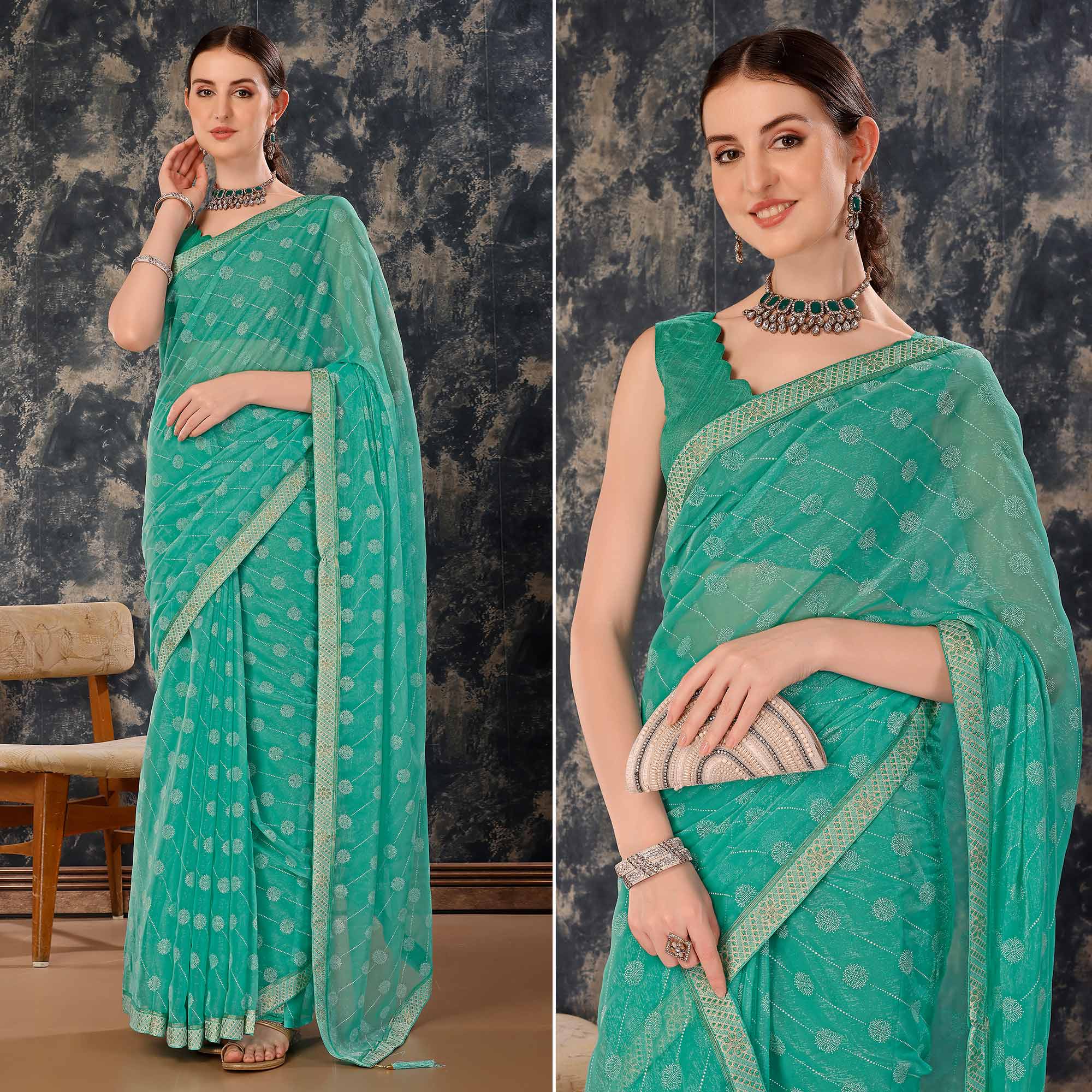 Turquoise Printed Chiffon Saree With Lace Border