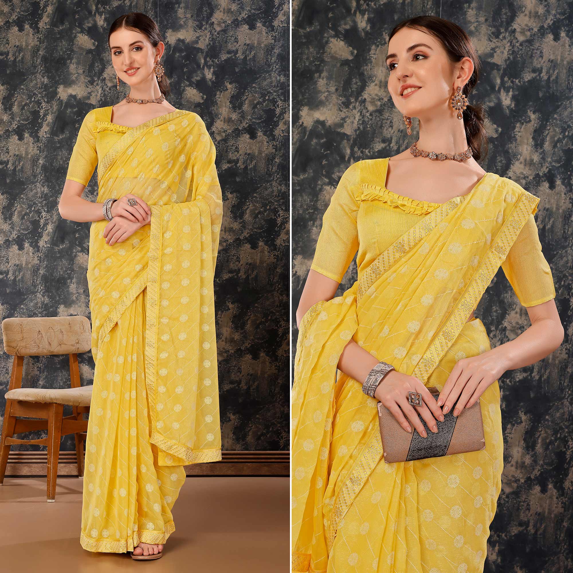 Yellow Printed Chiffon Saree With Lace Border