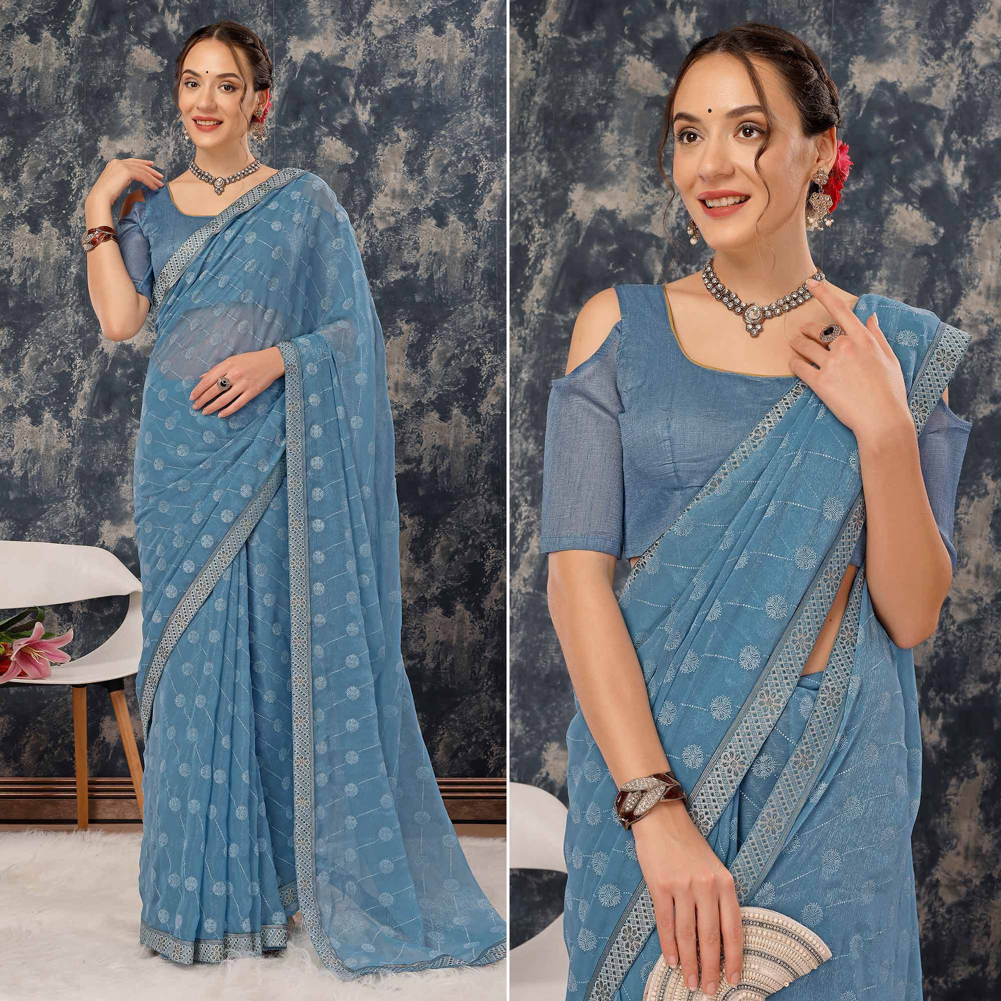 Greyish Blue Printed Chiffon Saree With Lace Border