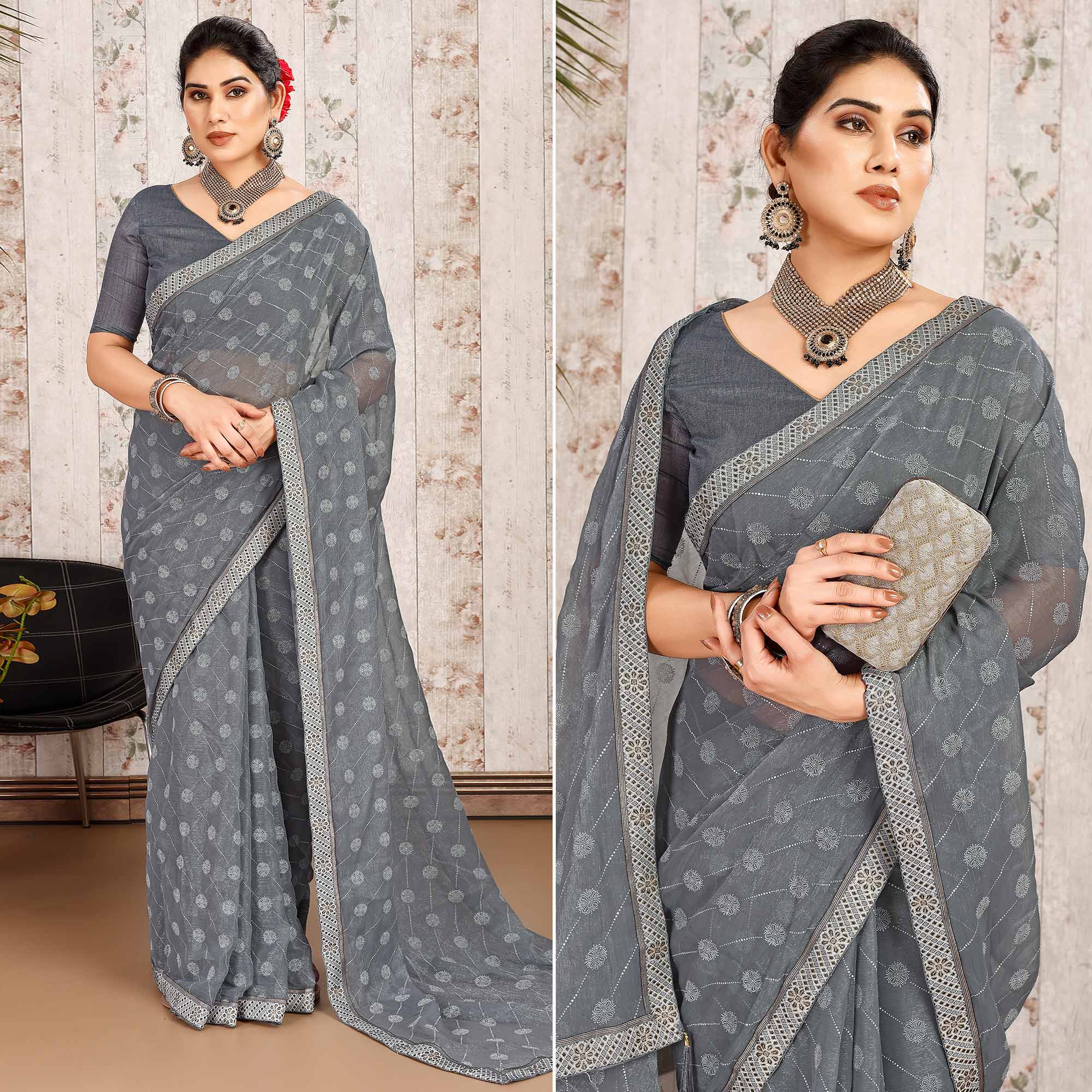 Grey Printed Chiffon Saree With Lace Border