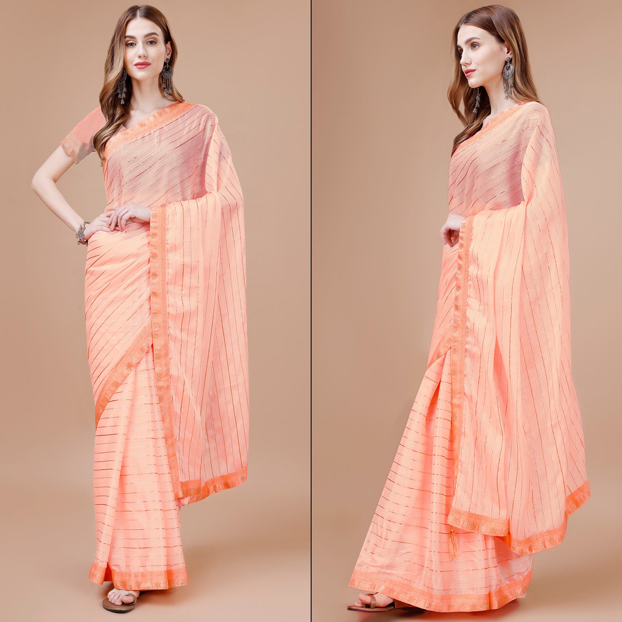 Peach Zari Work Chiffon Saree