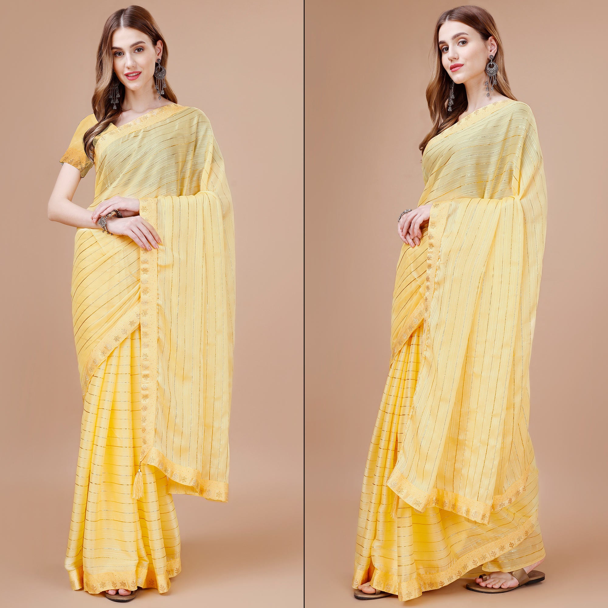 Yellow Zari Work Chiffon Saree