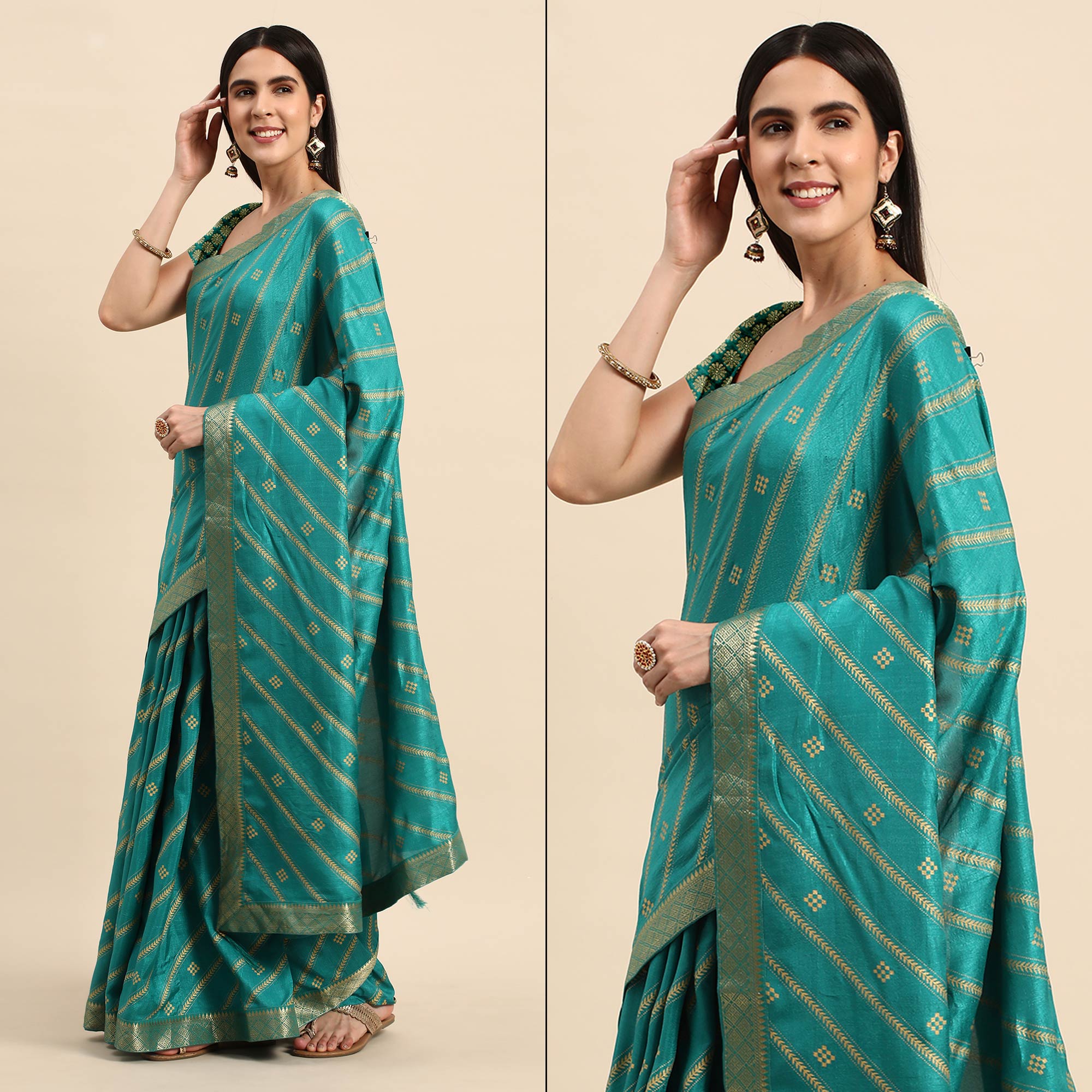 Rama Blue Floral Foil Printed Vichitra Silk Saree