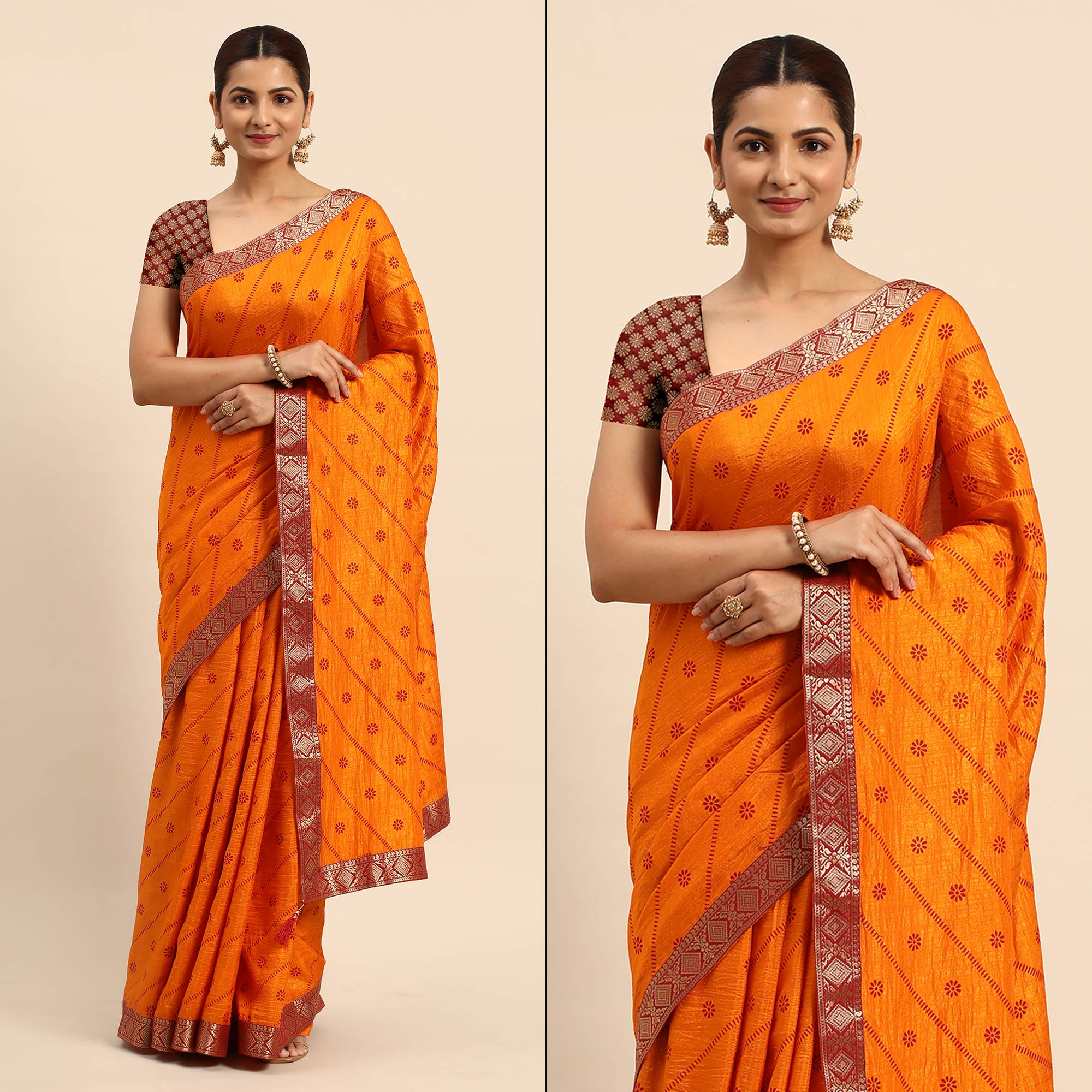 Mustard Floral Foil Printed Vichitra Silk Saree