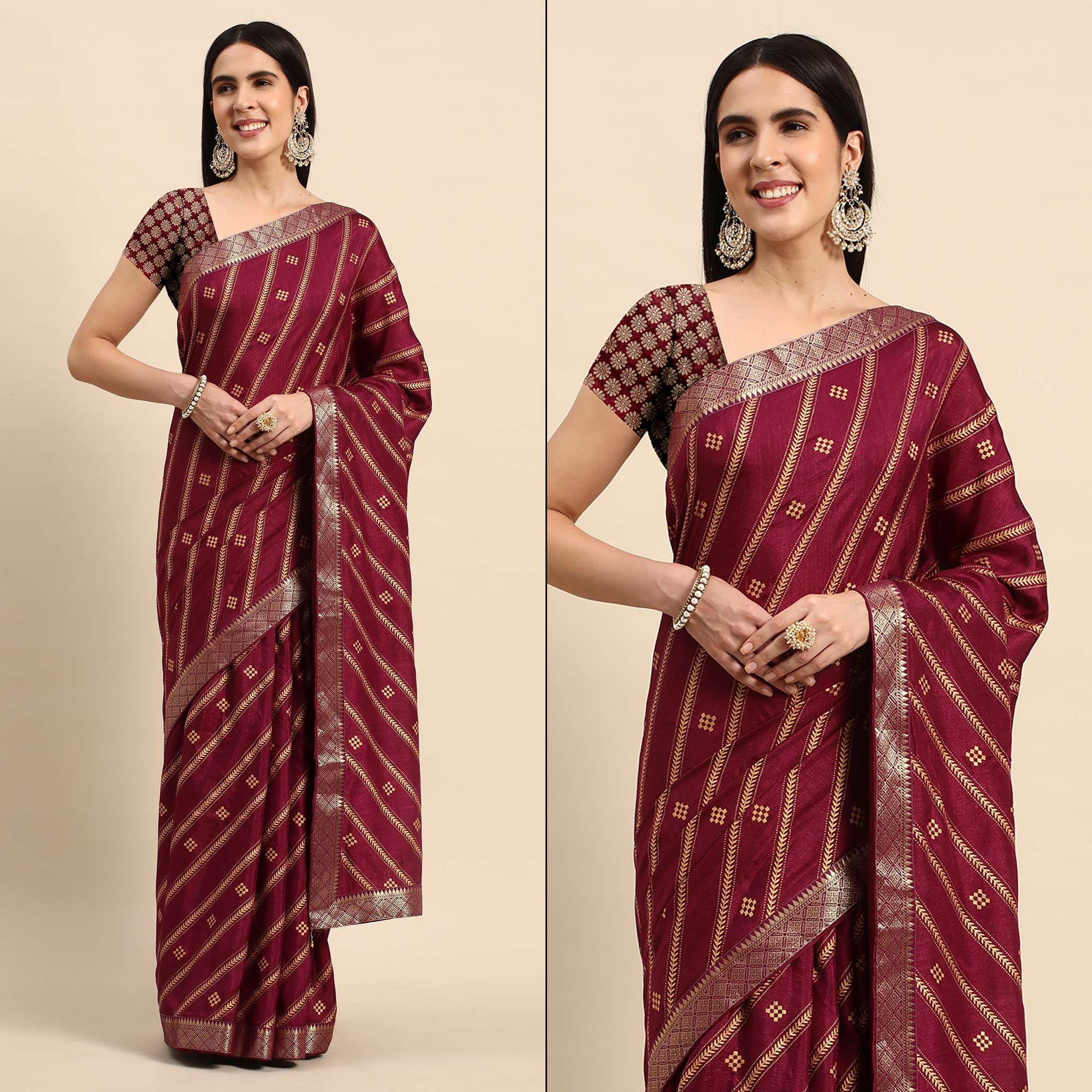 Wine Floral Foil Printed Vichitra Silk Saree