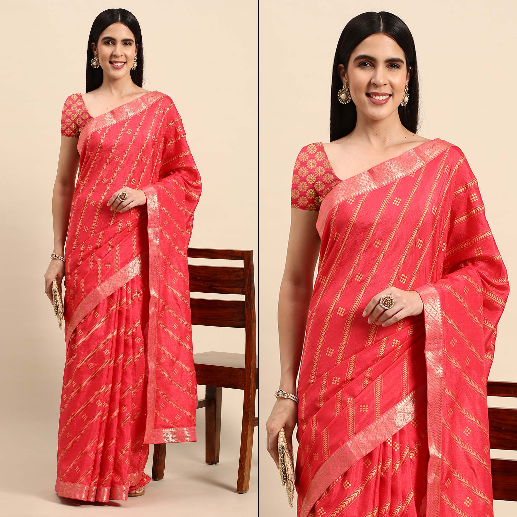 Pink Floral Foil Printed Vichitra Silk Saree