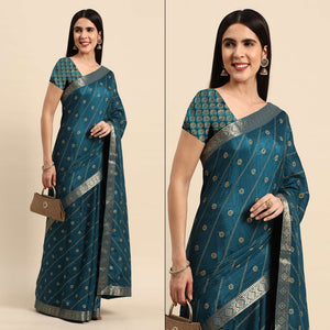 Blue Floral Foil Printed Vichitra Silk Saree