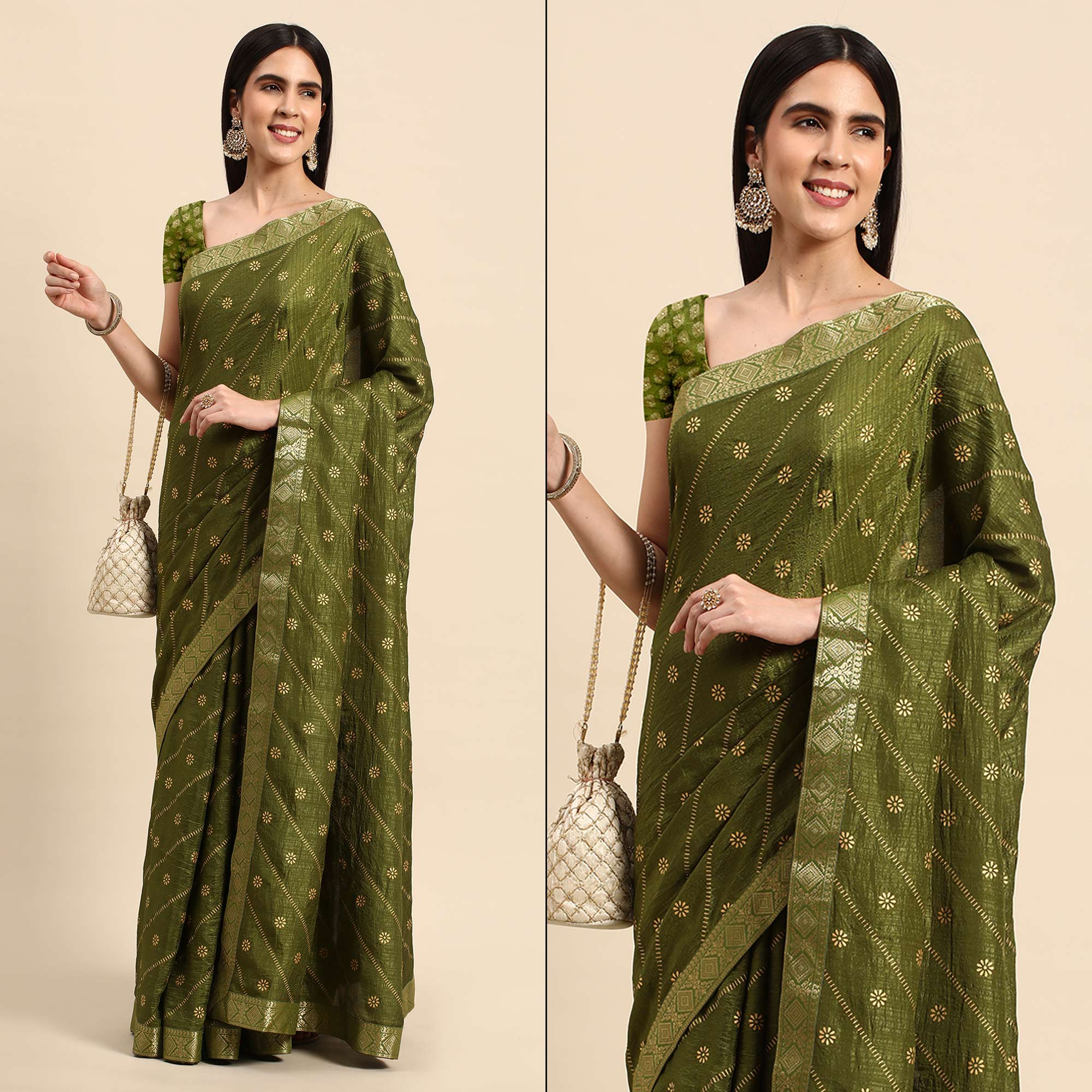Mehendi Green Floral Foil Printed Vichitra Silk Saree