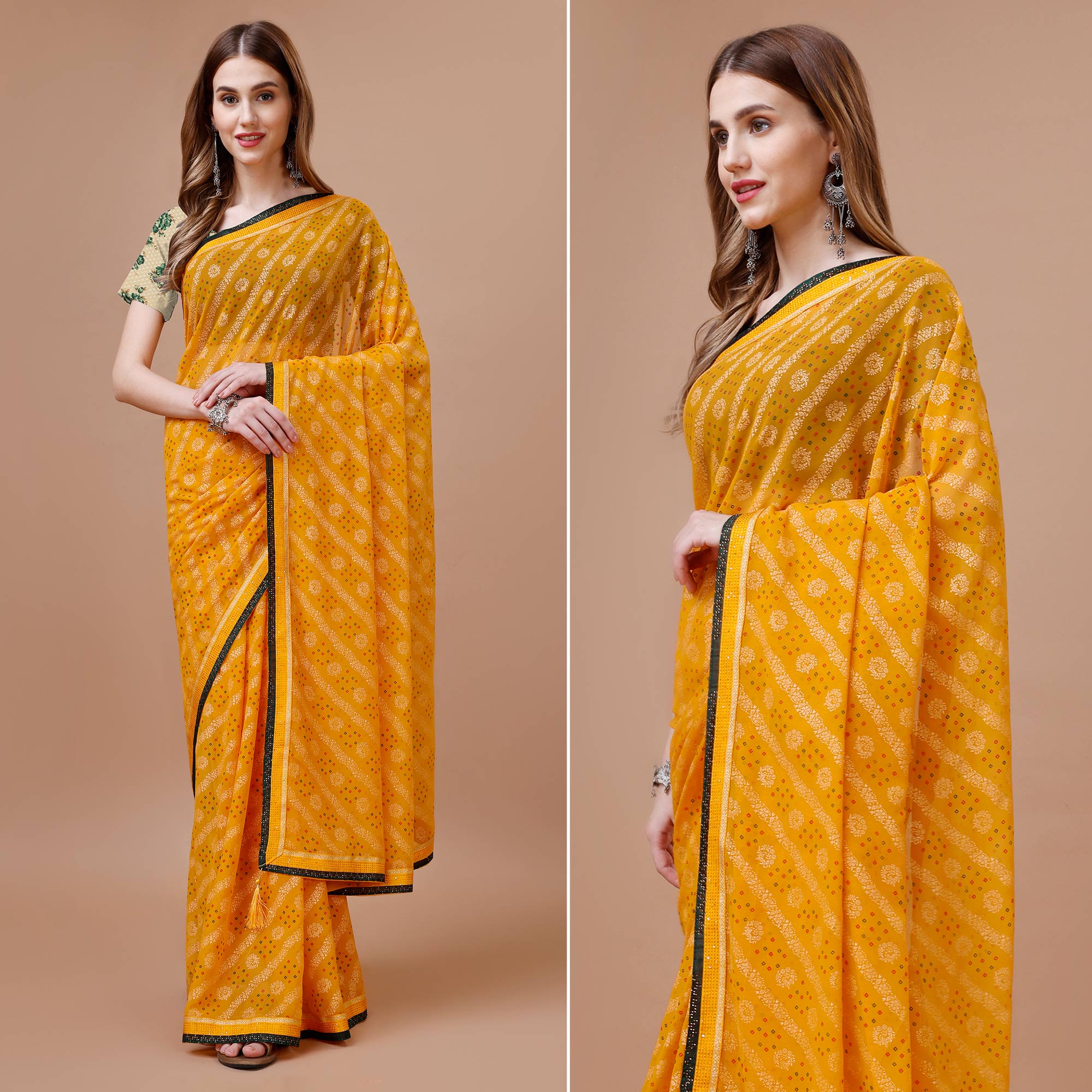 Yellow Floral Foil Printed Chiffon Saree With Lace Border