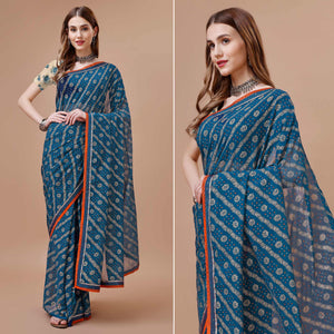 Blue Floral Foil Printed Chiffon Saree With Lace Border
