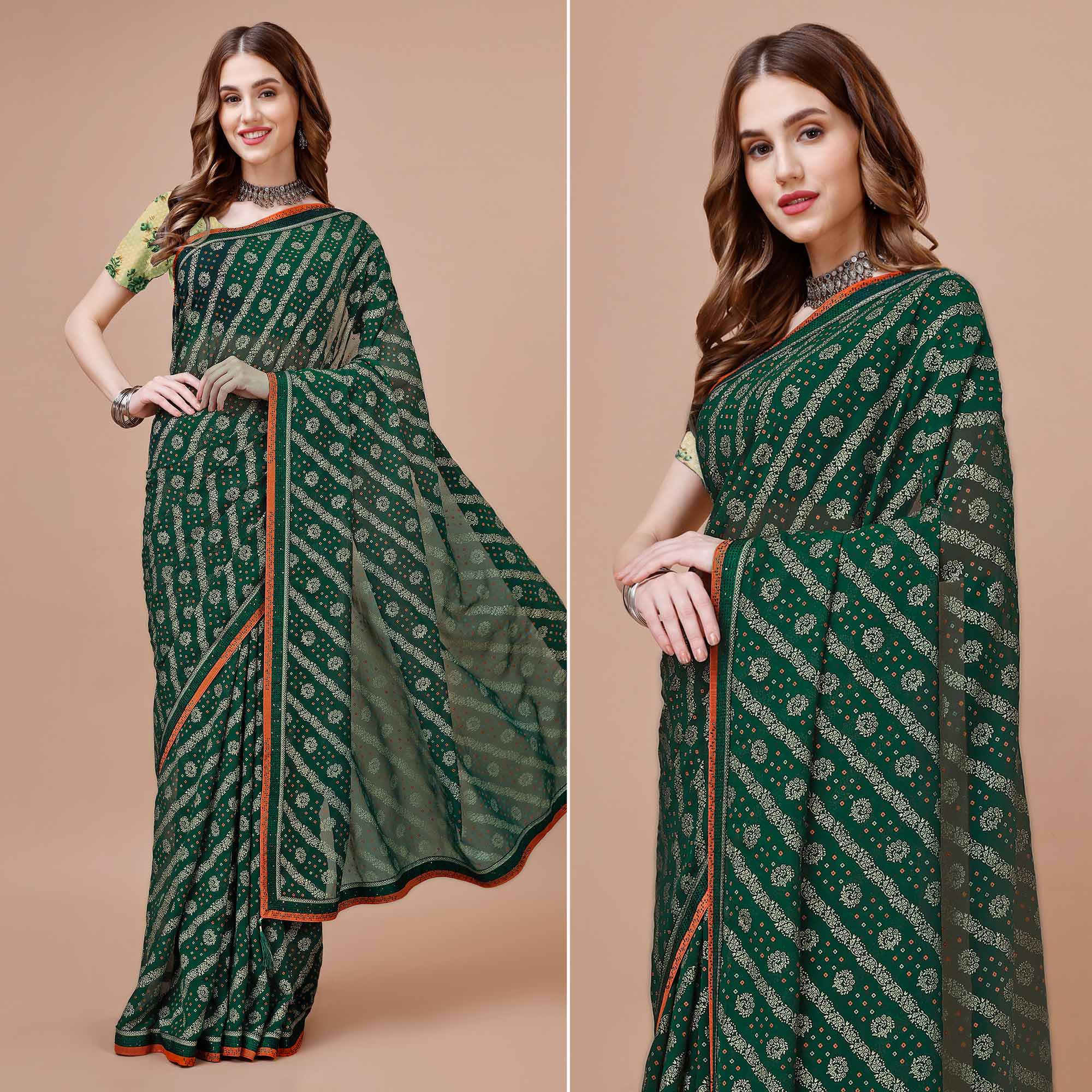 Green Floral Foil Printed Chiffon Saree With Lace Border